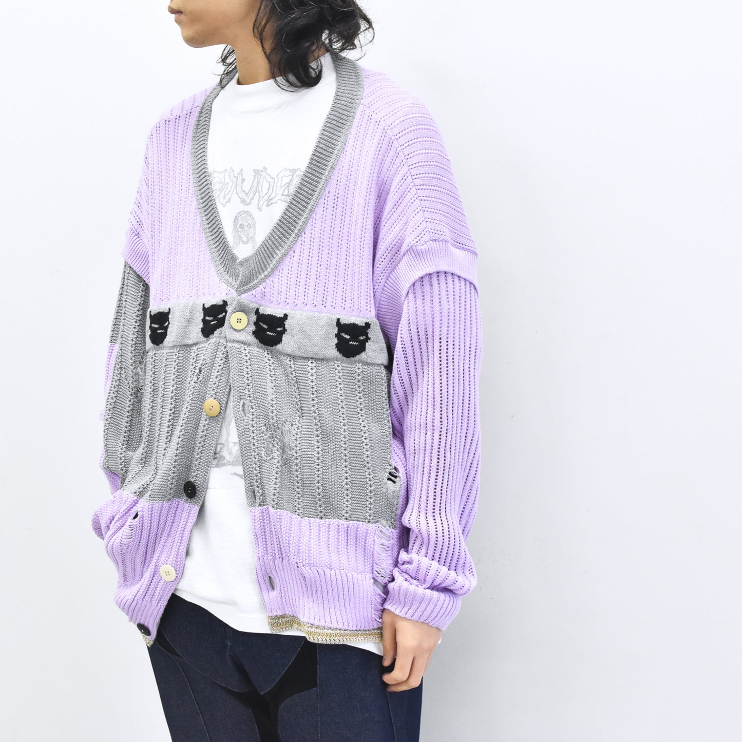 BODYSONG. / REVERSIBLE DISTRESSED SUMMER KNIT CARDIGAN - PURPLE