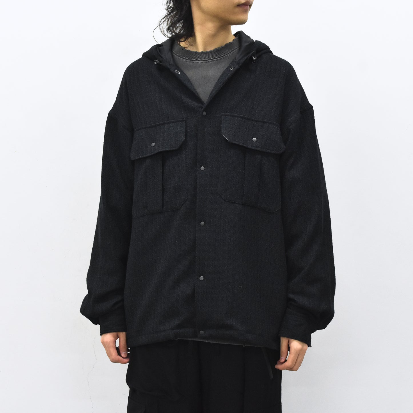 THE JEAN PIERRE / Tweed Hoodie Dove Shirt - BLACK