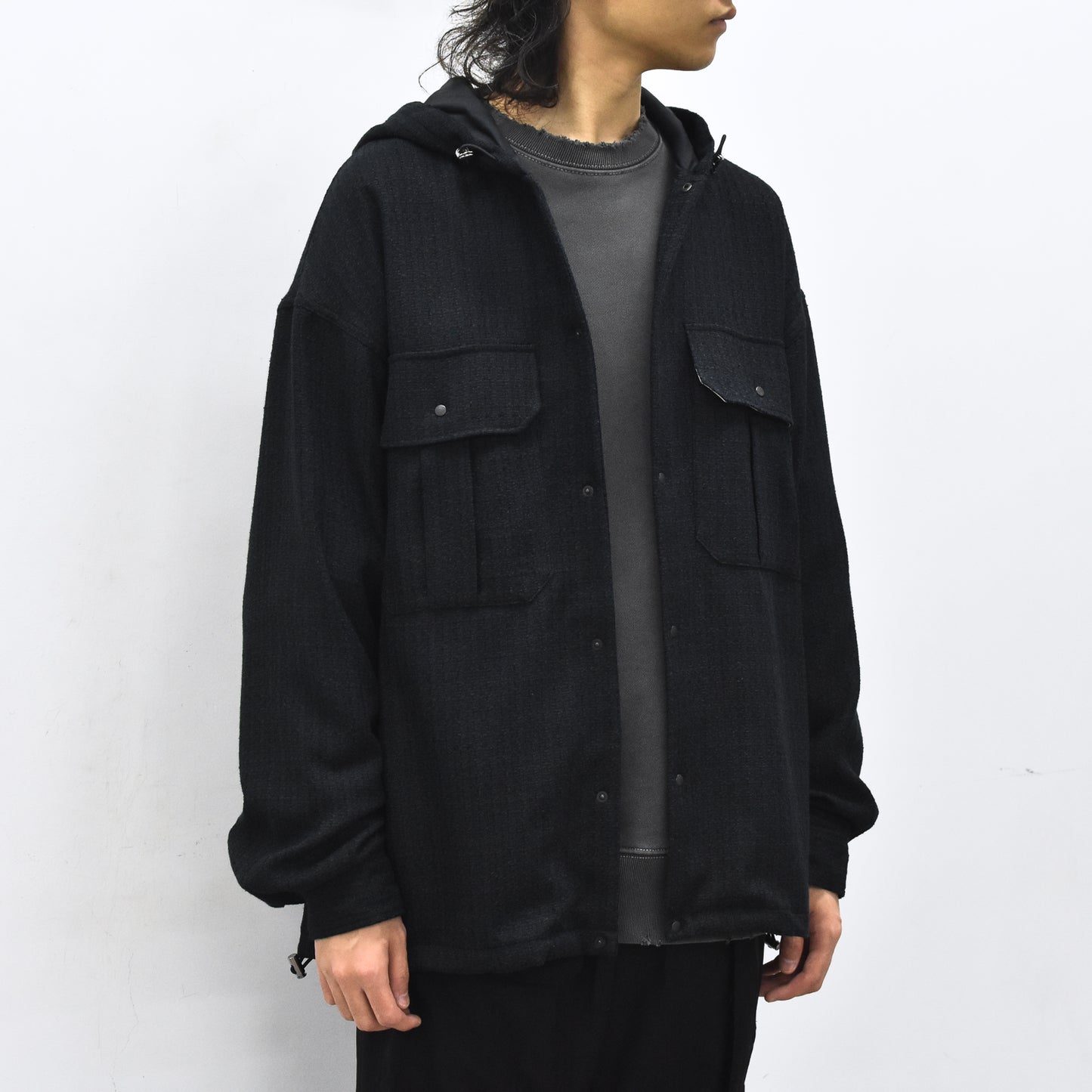 THE JEAN PIERRE / Tweed Hoodie Dove Shirt - BLACK