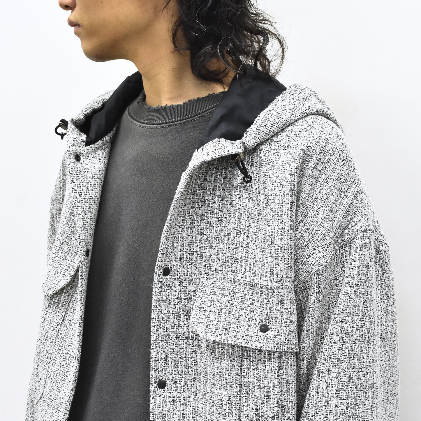 THE JEAN PIERRE / Tweed Hoodie Dove Shirt - WHITE