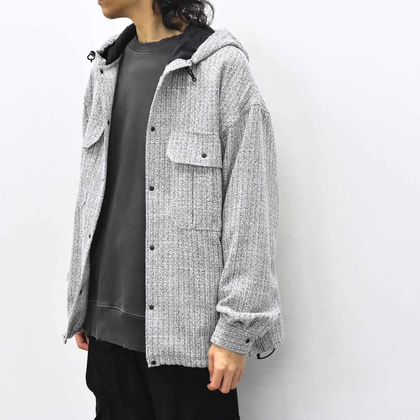 THE JEAN PIERRE / Tweed Hoodie Dove Shirt - WHITE
