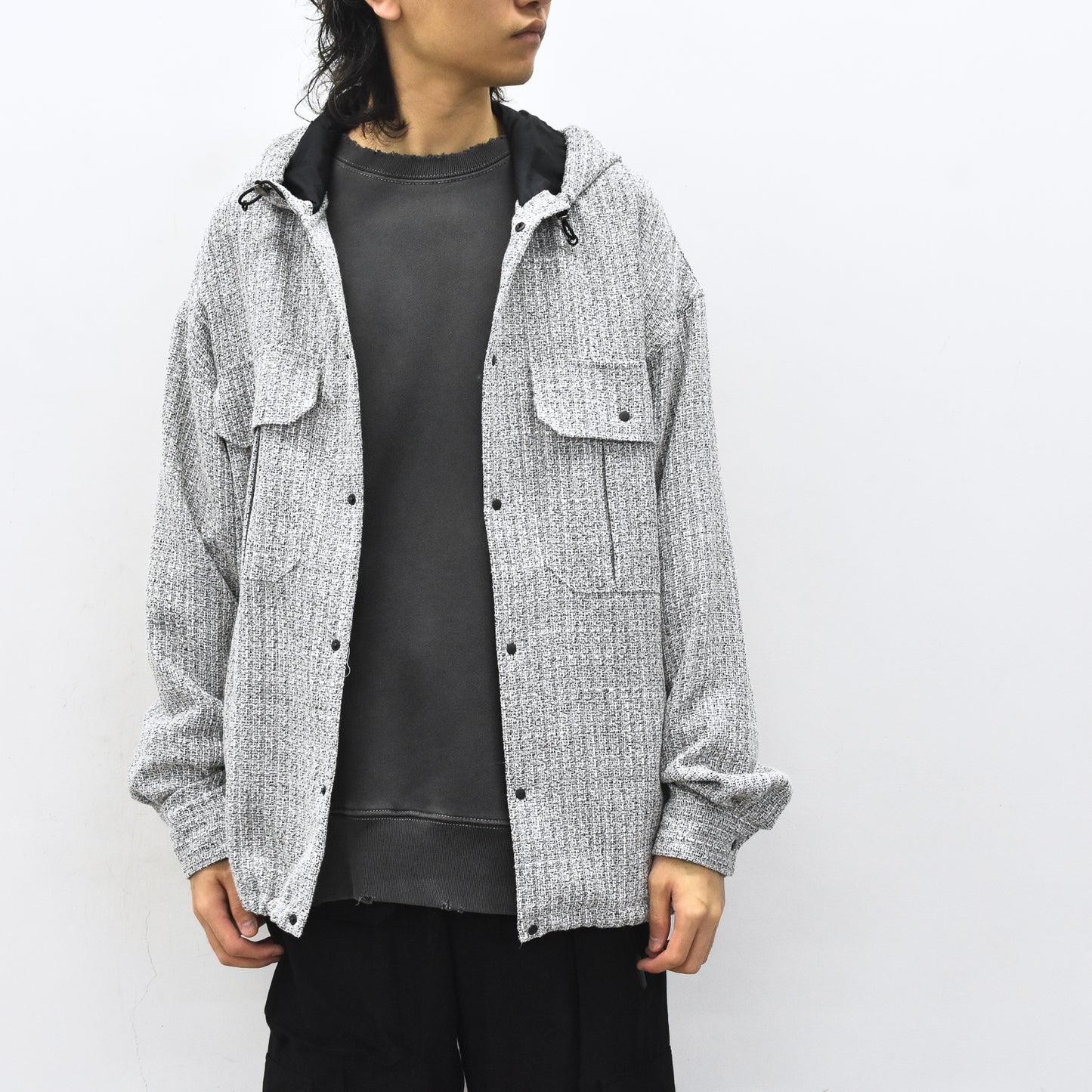 THE JEAN PIERRE / Tweed Hoodie Dove Shirt - WHITE