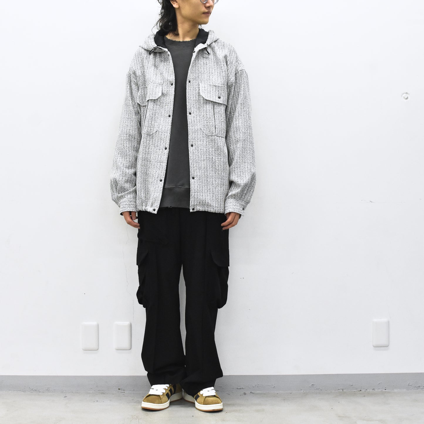 THE JEAN PIERRE / Tweed Hoodie Dove Shirt - WHITE