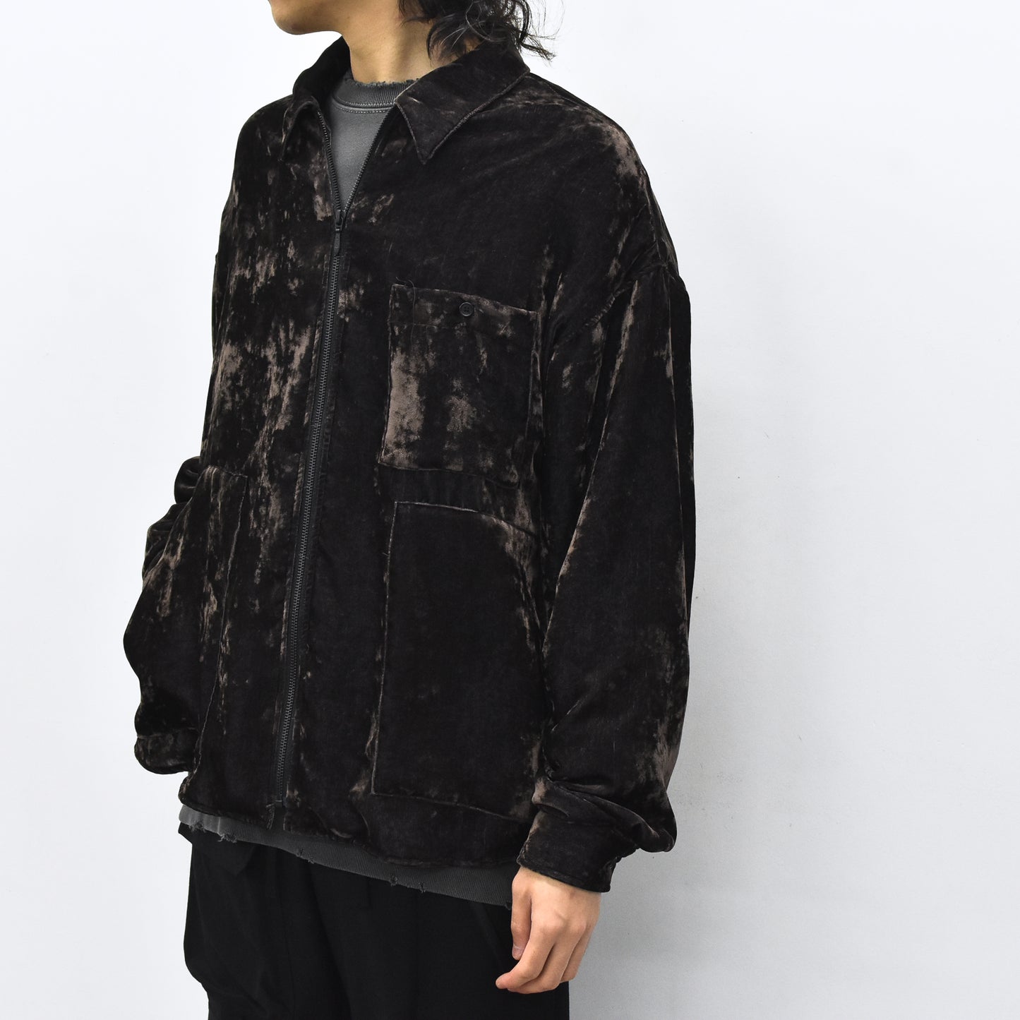 THE JEAN PIERRE / Chambray Velvet Zip Safari Shirt - FADE BLACK