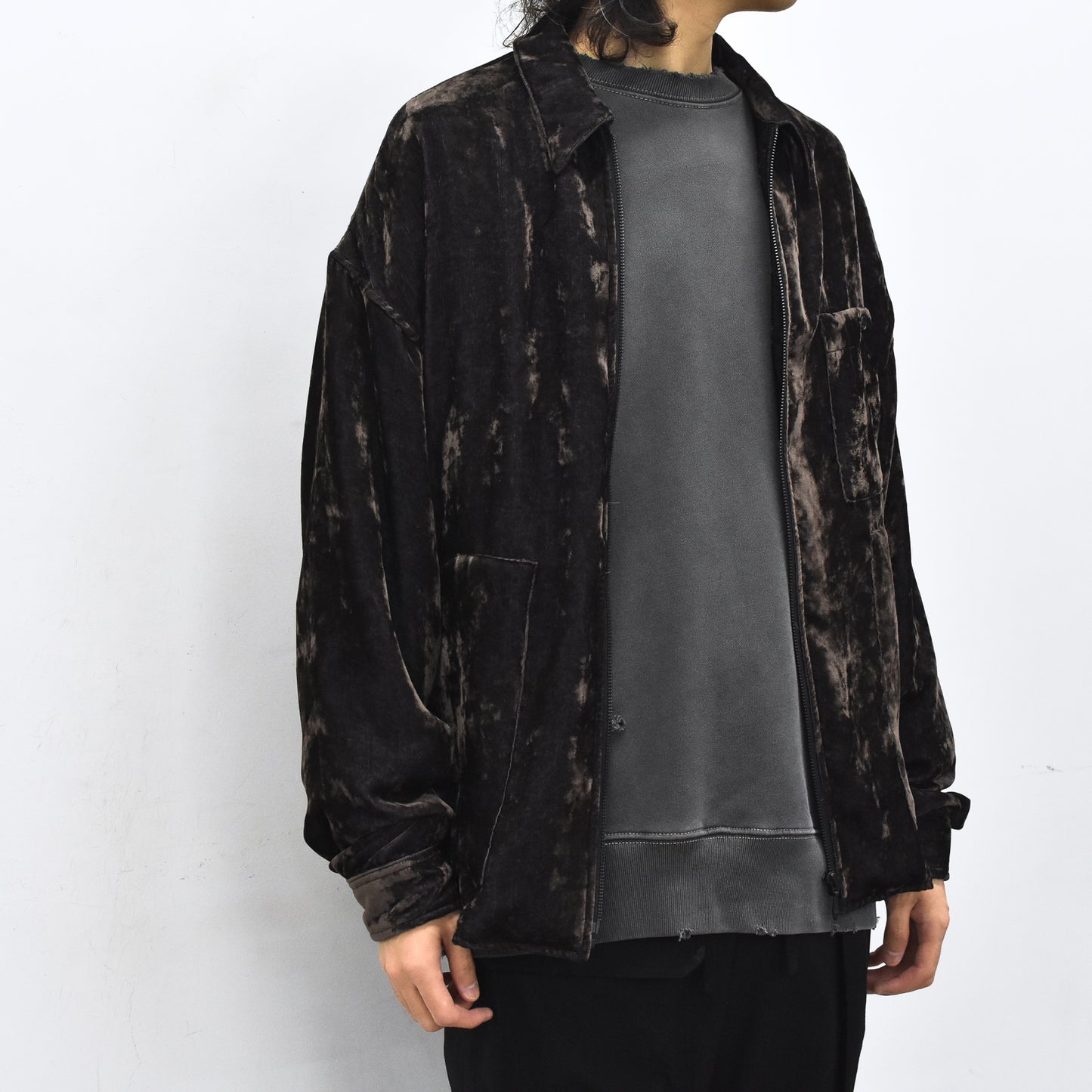 THE JEAN PIERRE / Chambray Velvet Zip Safari Shirt - FADE BLACK