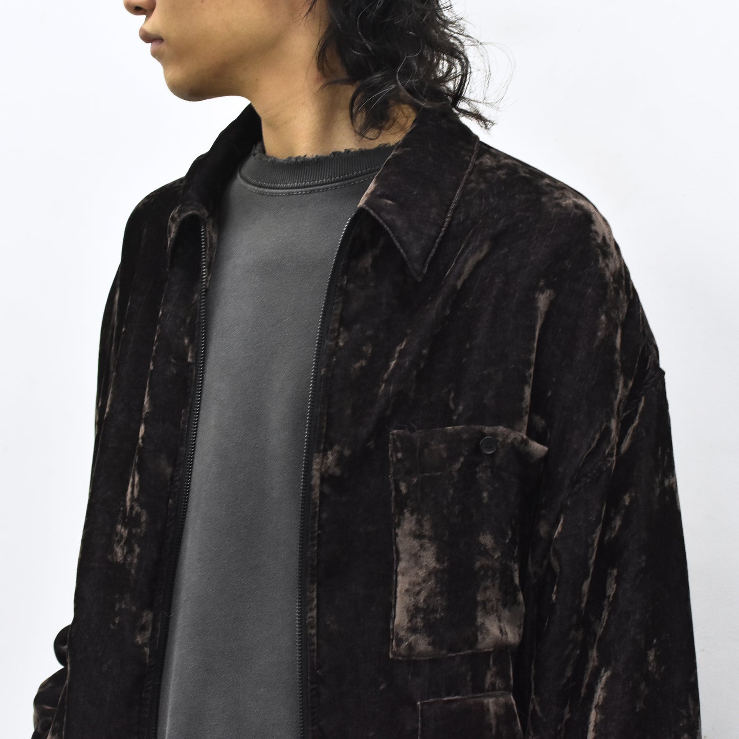 THE JEAN PIERRE / Chambray Velvet Zip Safari Shirt - FADE BLACK