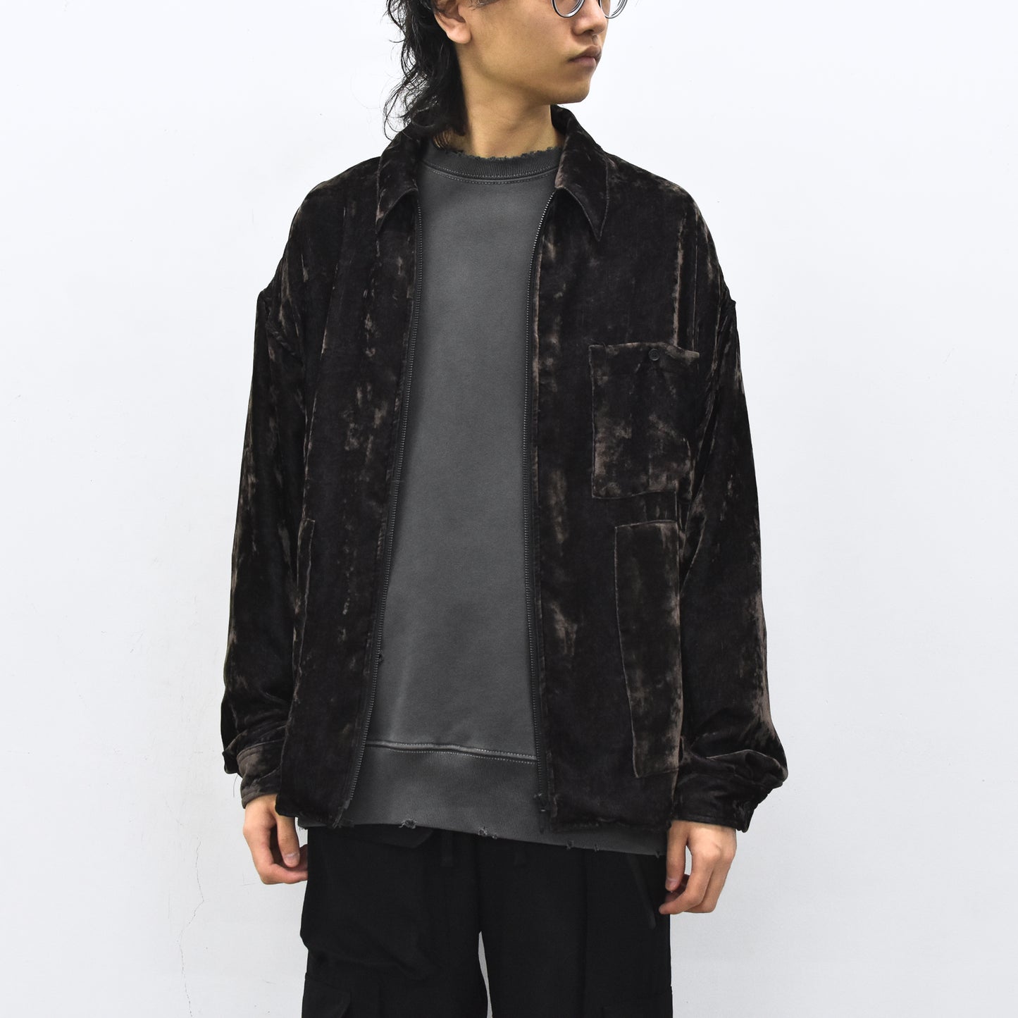 THE JEAN PIERRE / Chambray Velvet Zip Safari Shirt - FADE BLACK