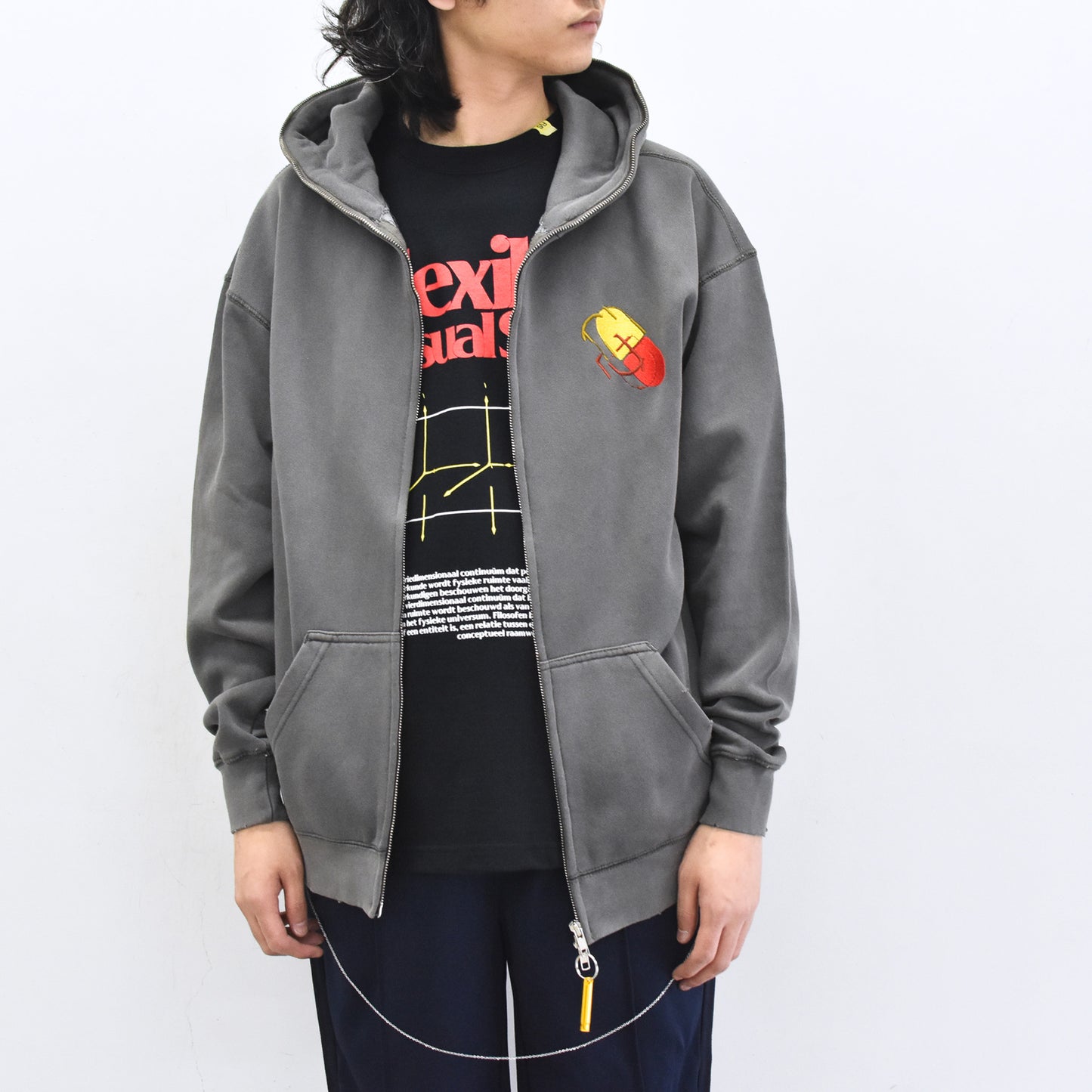 BODYSONG. / GLITCH EMBROIDERY DISTRESSED HOODIE/DRUKQS - BLACK