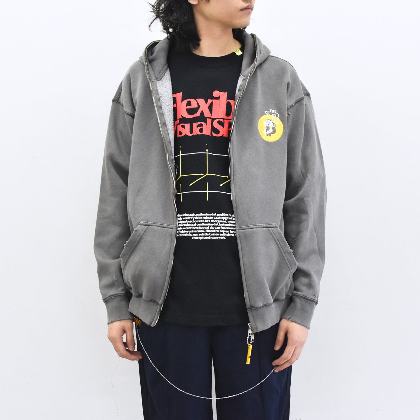 BODYSONG. / GLITCH EMBROIDERY DISTRESSED HOODIE/BTC - BLACK