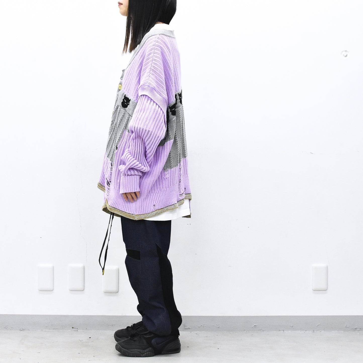BODYSONG. / REVERSIBLE DISTRESSED SUMMER KNIT CARDIGAN - PURPLE