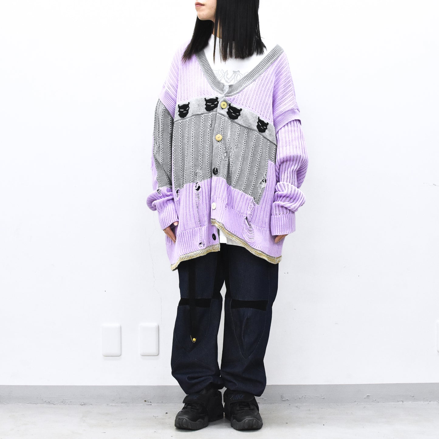 BODYSONG. / REVERSIBLE DISTRESSED SUMMER KNIT CARDIGAN - PURPLE