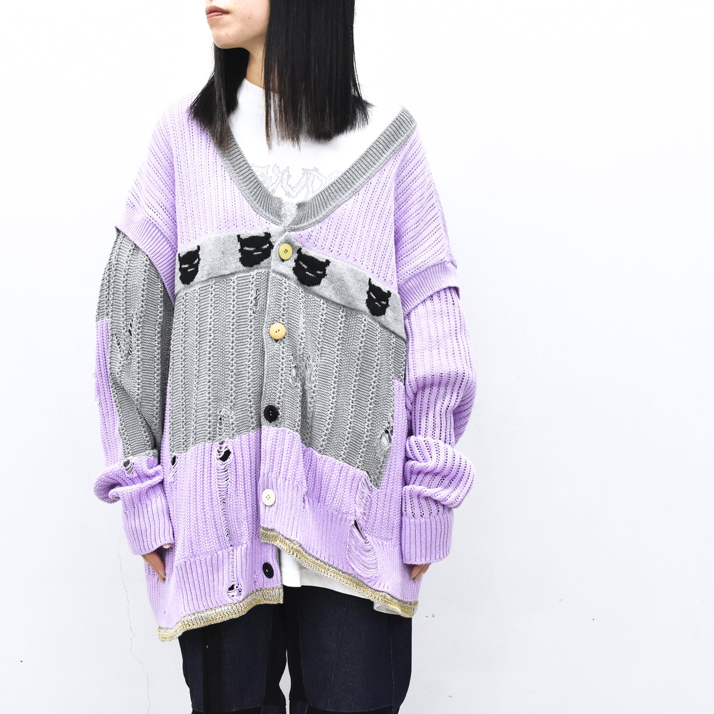 BODYSONG. / REVERSIBLE DISTRESSED SUMMER KNIT CARDIGAN - PURPLE
