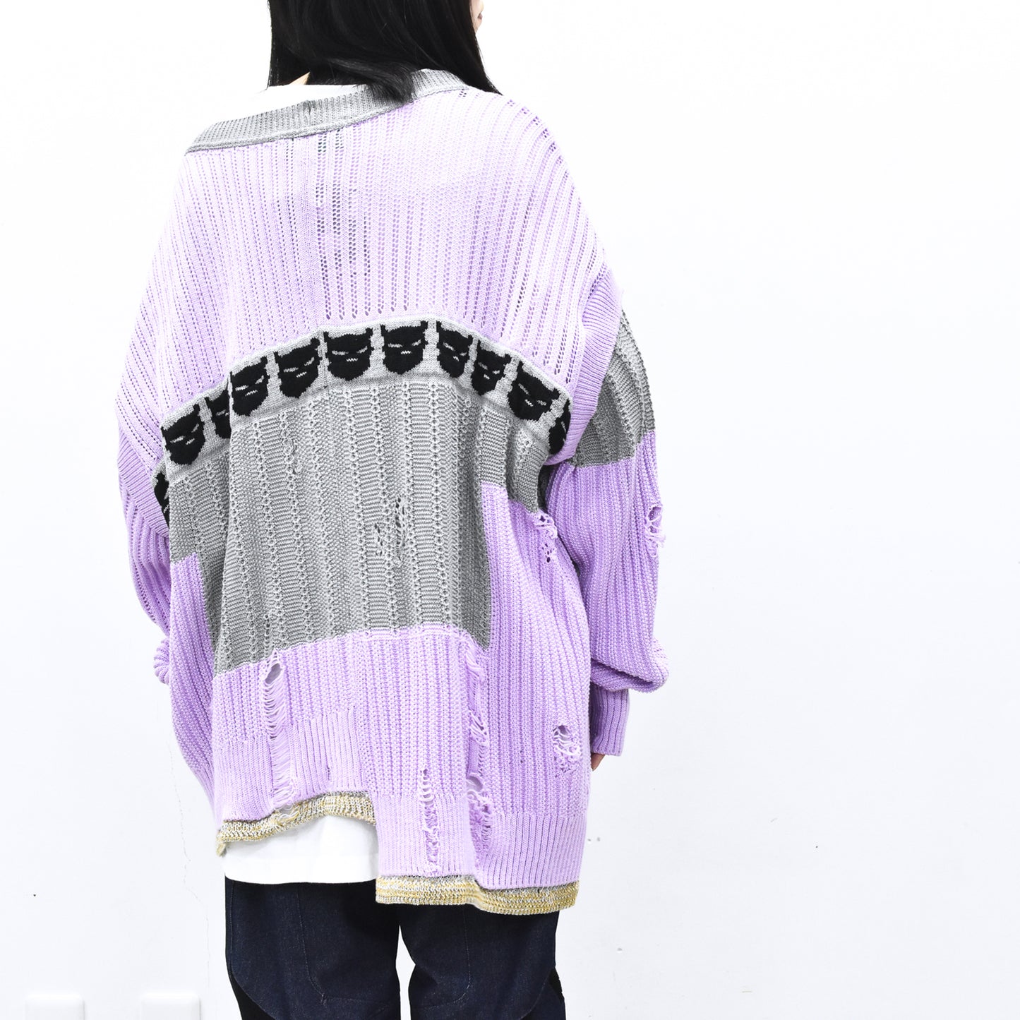 BODYSONG. / REVERSIBLE DISTRESSED SUMMER KNIT CARDIGAN - PURPLE