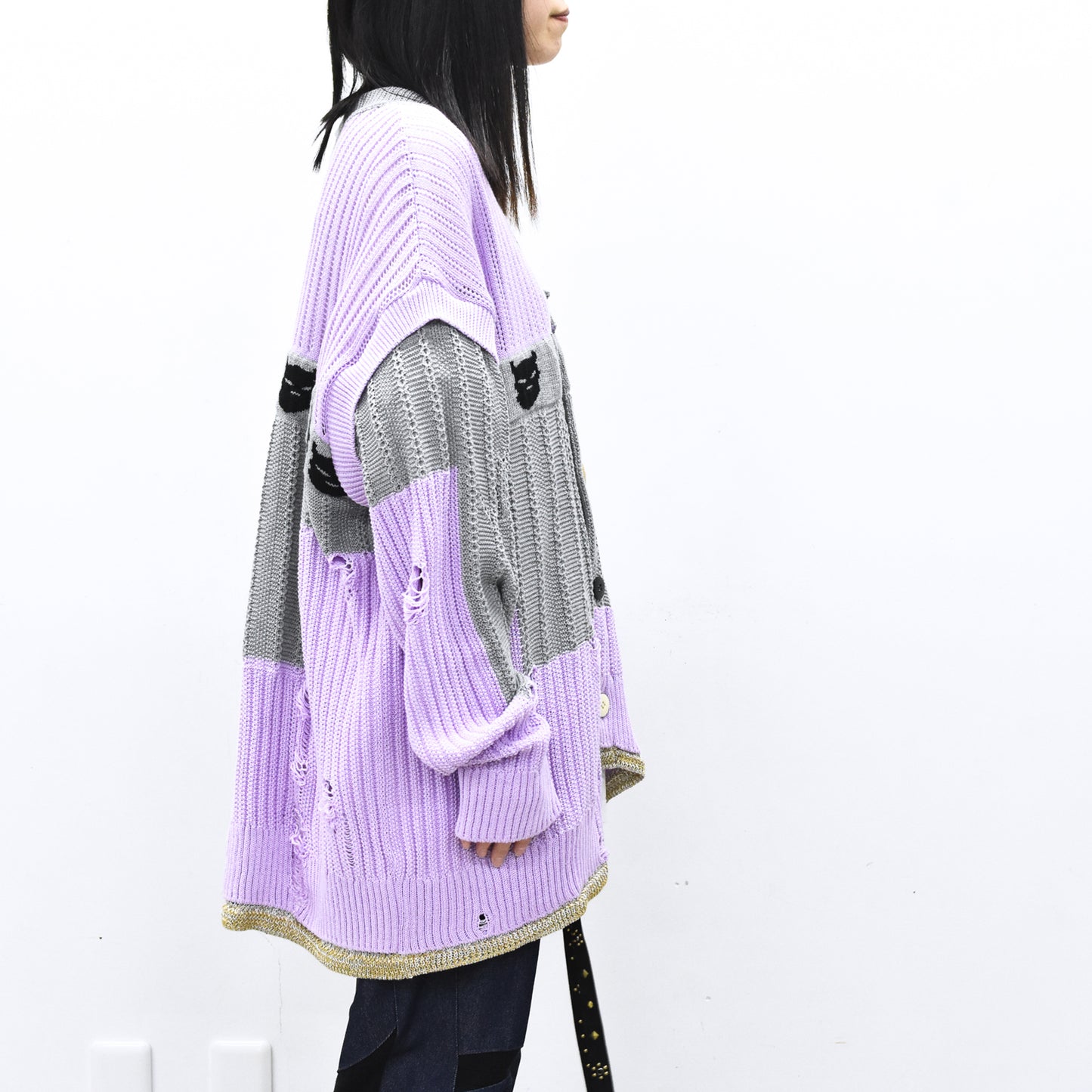 BODYSONG. / REVERSIBLE DISTRESSED SUMMER KNIT CARDIGAN - PURPLE