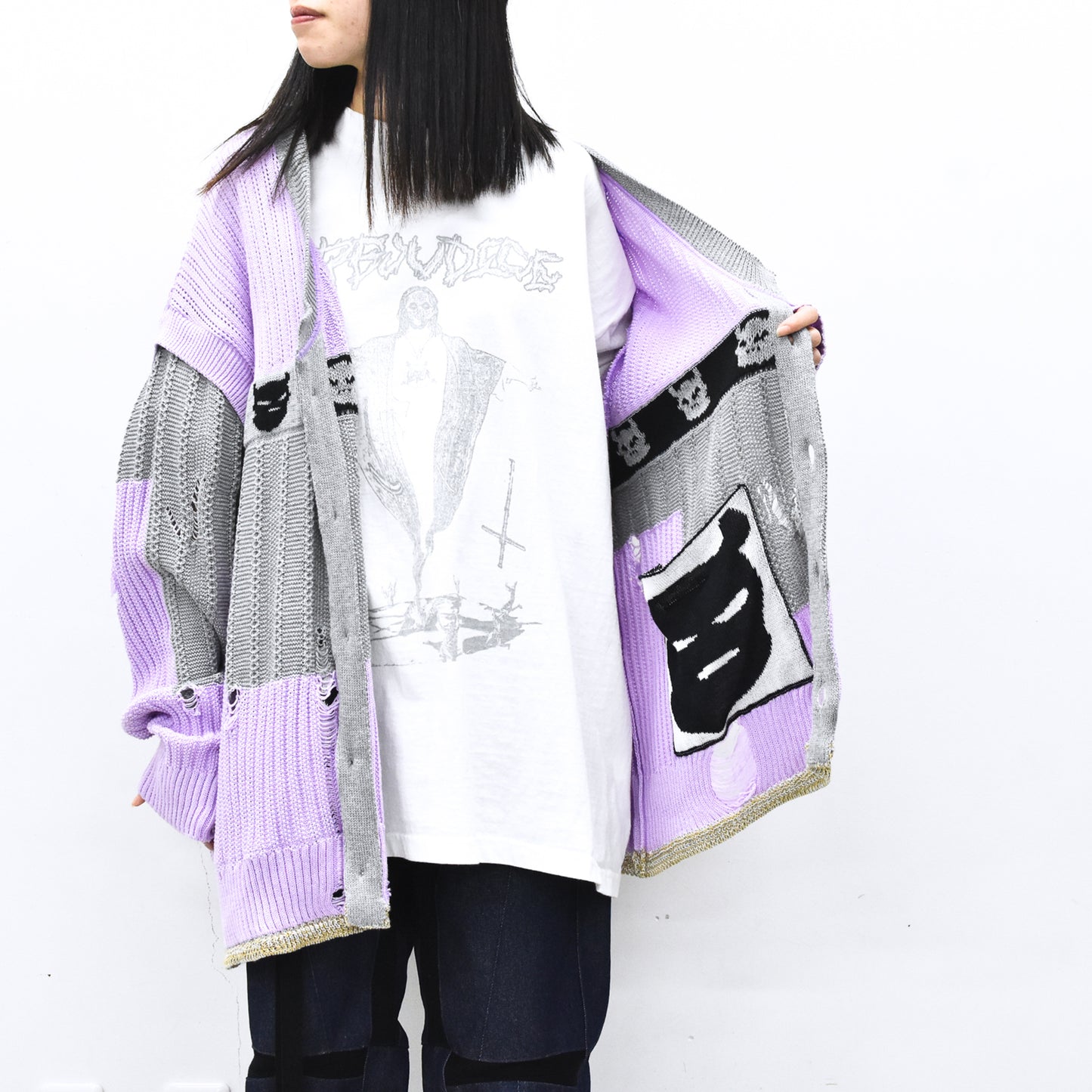 BODYSONG. / REVERSIBLE DISTRESSED SUMMER KNIT CARDIGAN - PURPLE