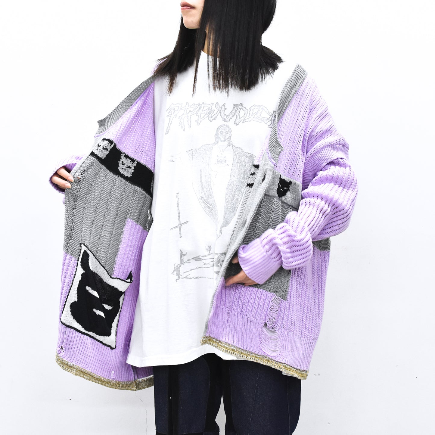 BODYSONG. / REVERSIBLE DISTRESSED SUMMER KNIT CARDIGAN - PURPLE