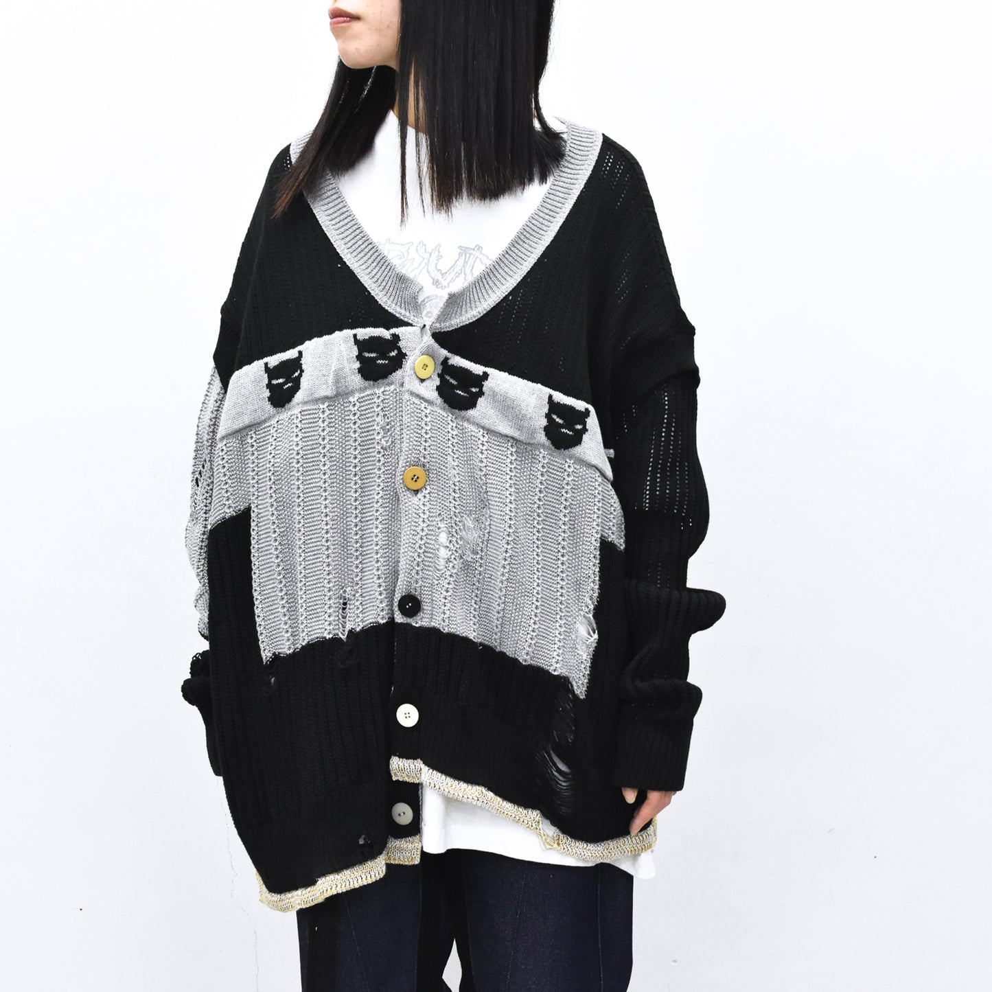 BODYSONG. / REVERSIBLE DISTRESSED SUMMER KNIT CARDIGAN - BLACK