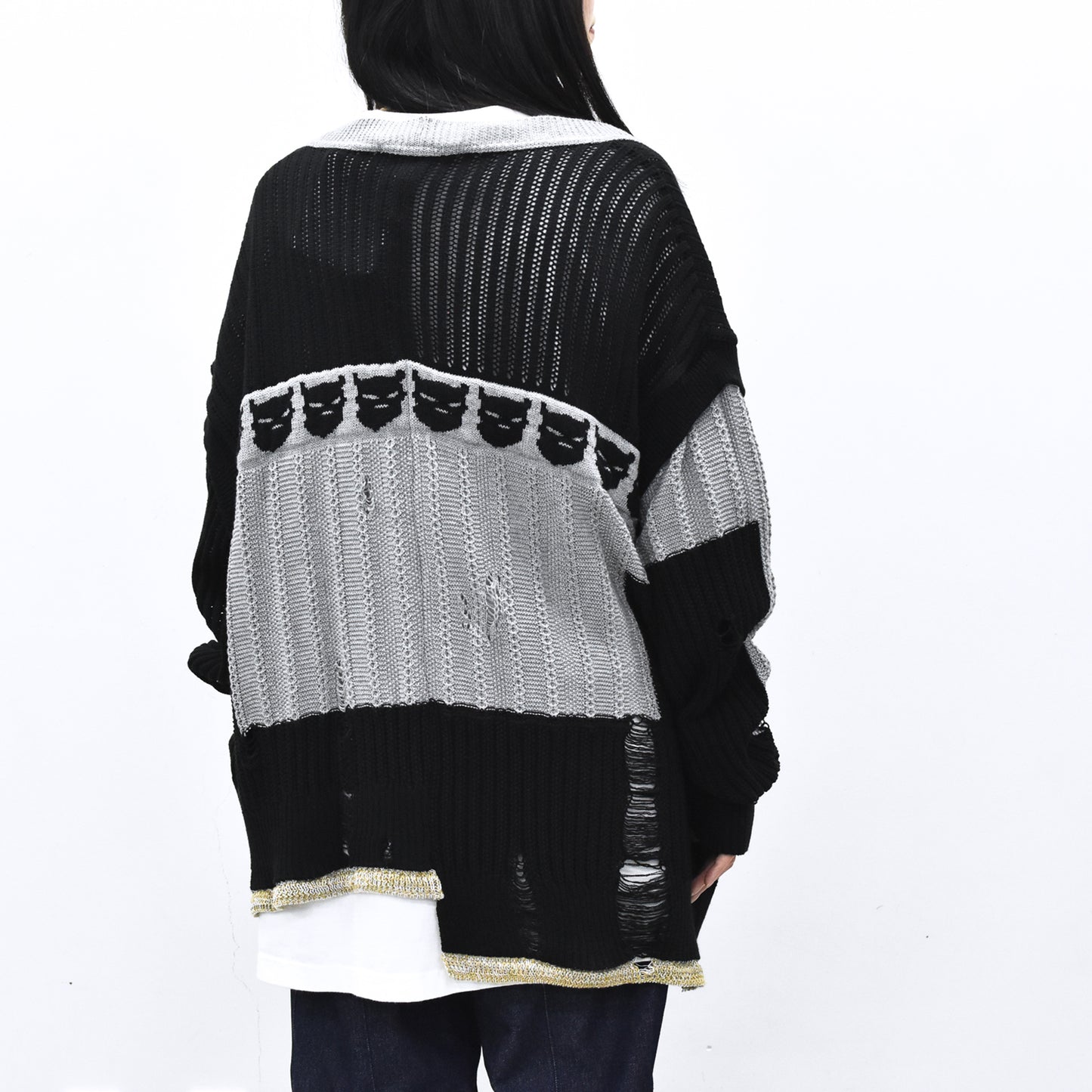 BODYSONG. / REVERSIBLE DISTRESSED SUMMER KNIT CARDIGAN - BLACK