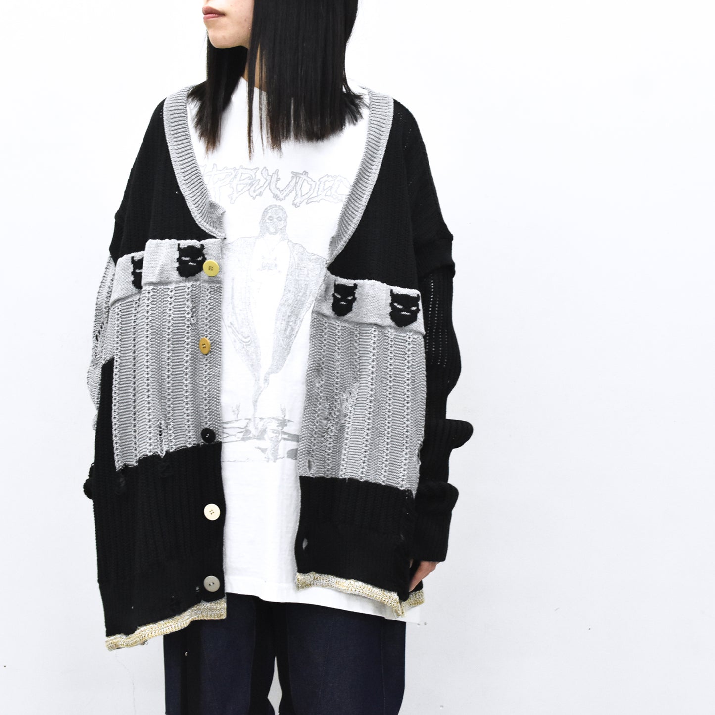 BODYSONG. / REVERSIBLE DISTRESSED SUMMER KNIT CARDIGAN - BLACK