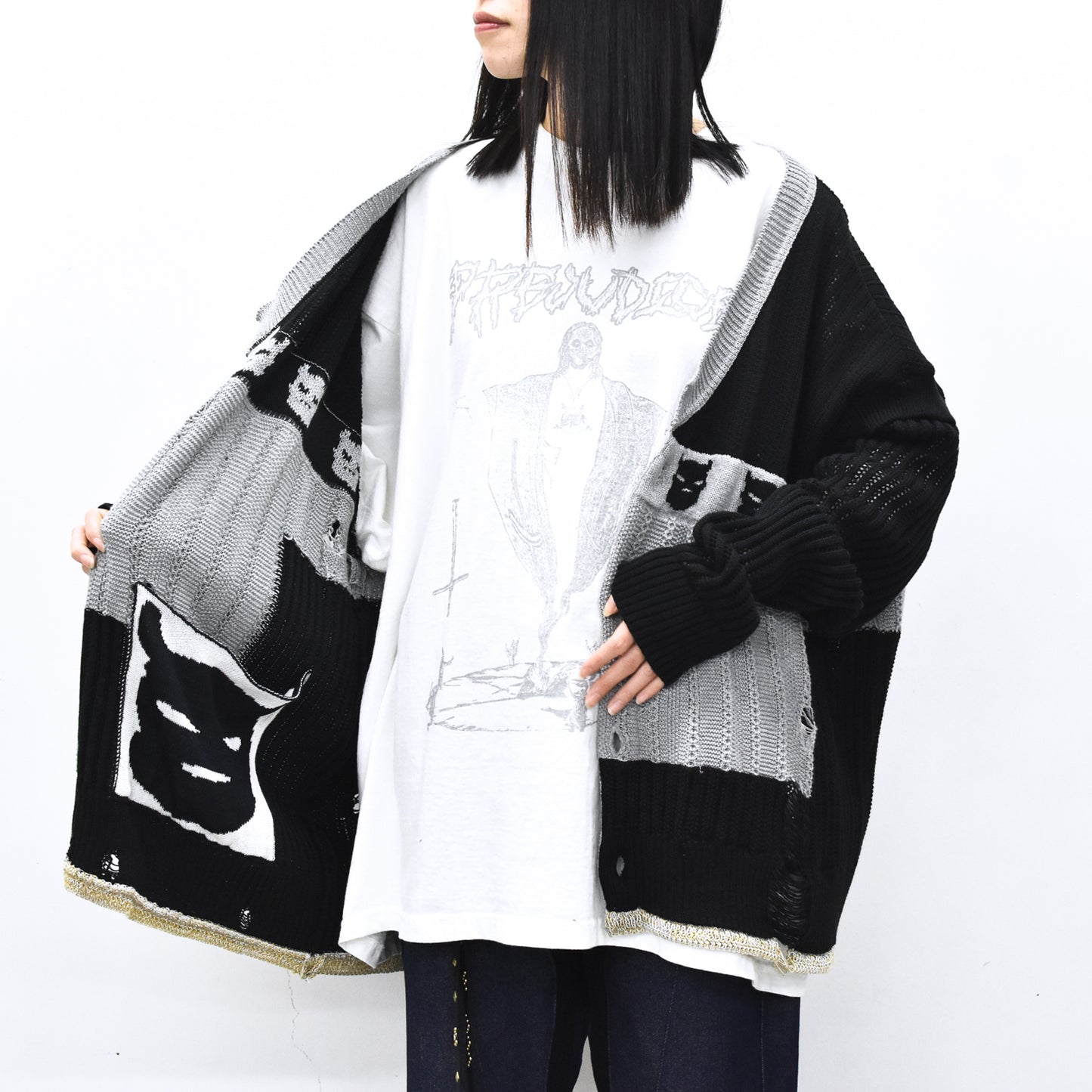 BODYSONG. / REVERSIBLE DISTRESSED SUMMER KNIT CARDIGAN - BLACK