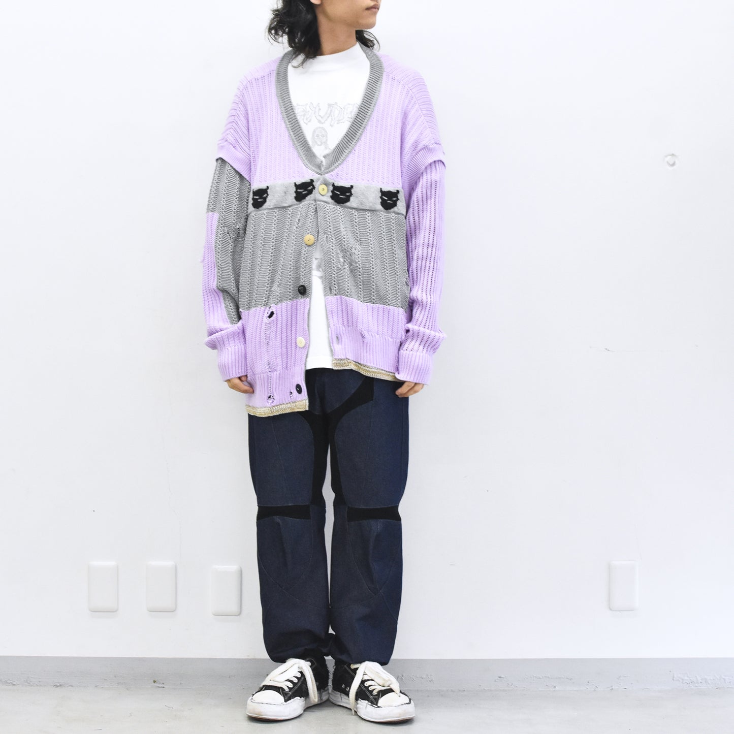 BODYSONG. / REVERSIBLE DISTRESSED SUMMER KNIT CARDIGAN - PURPLE