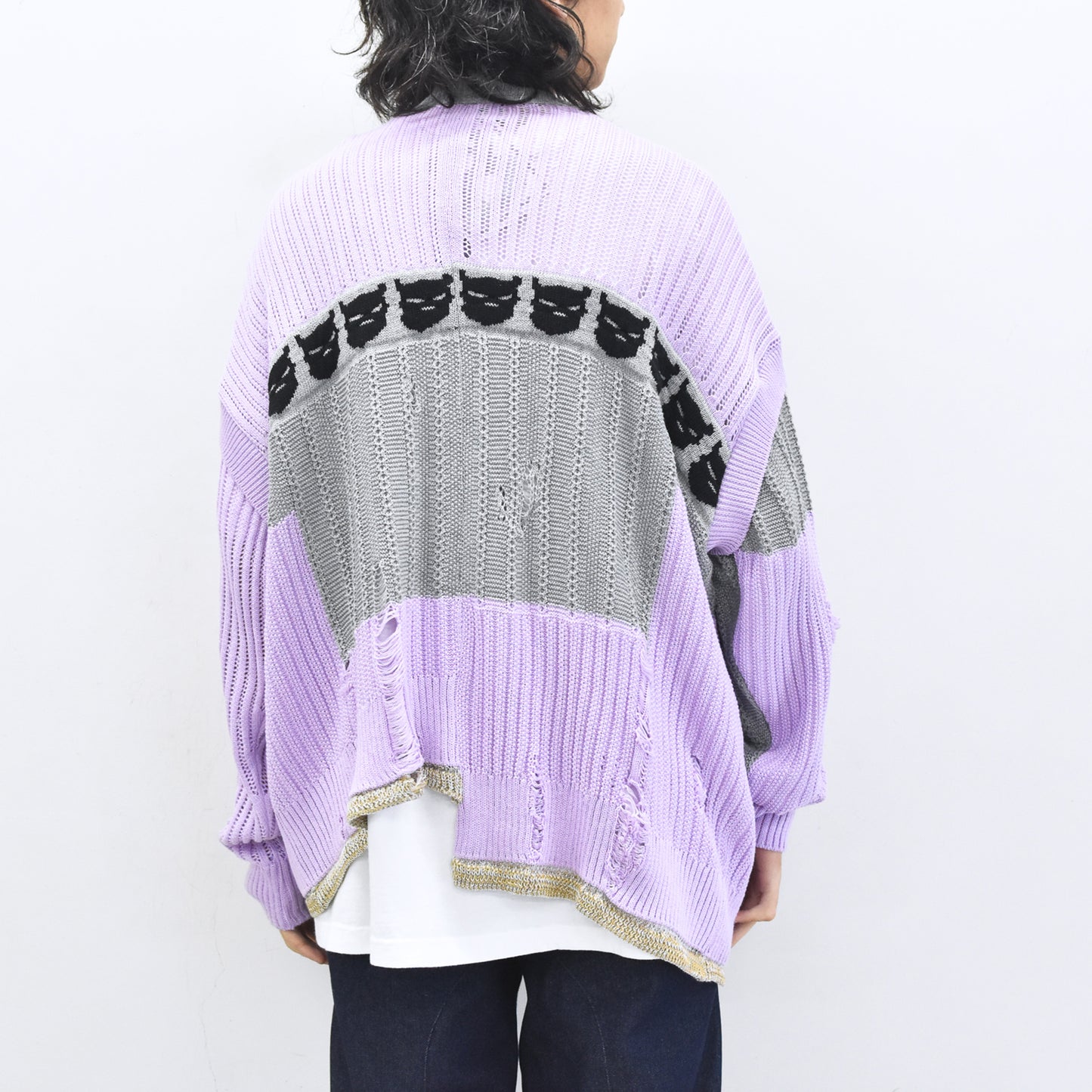 BODYSONG. / REVERSIBLE DISTRESSED SUMMER KNIT CARDIGAN - PURPLE