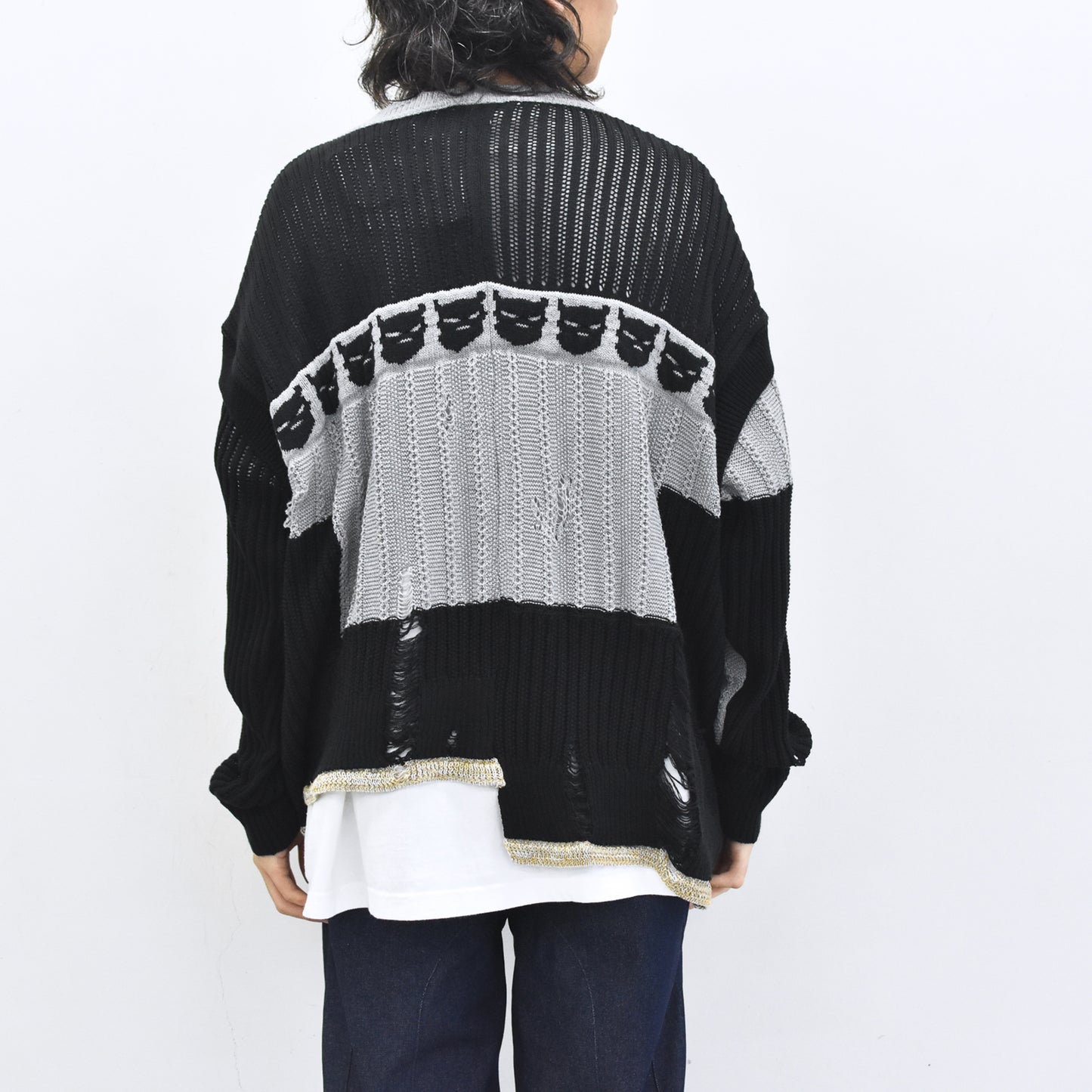 BODYSONG. / REVERSIBLE DISTRESSED SUMMER KNIT CARDIGAN - BLACK