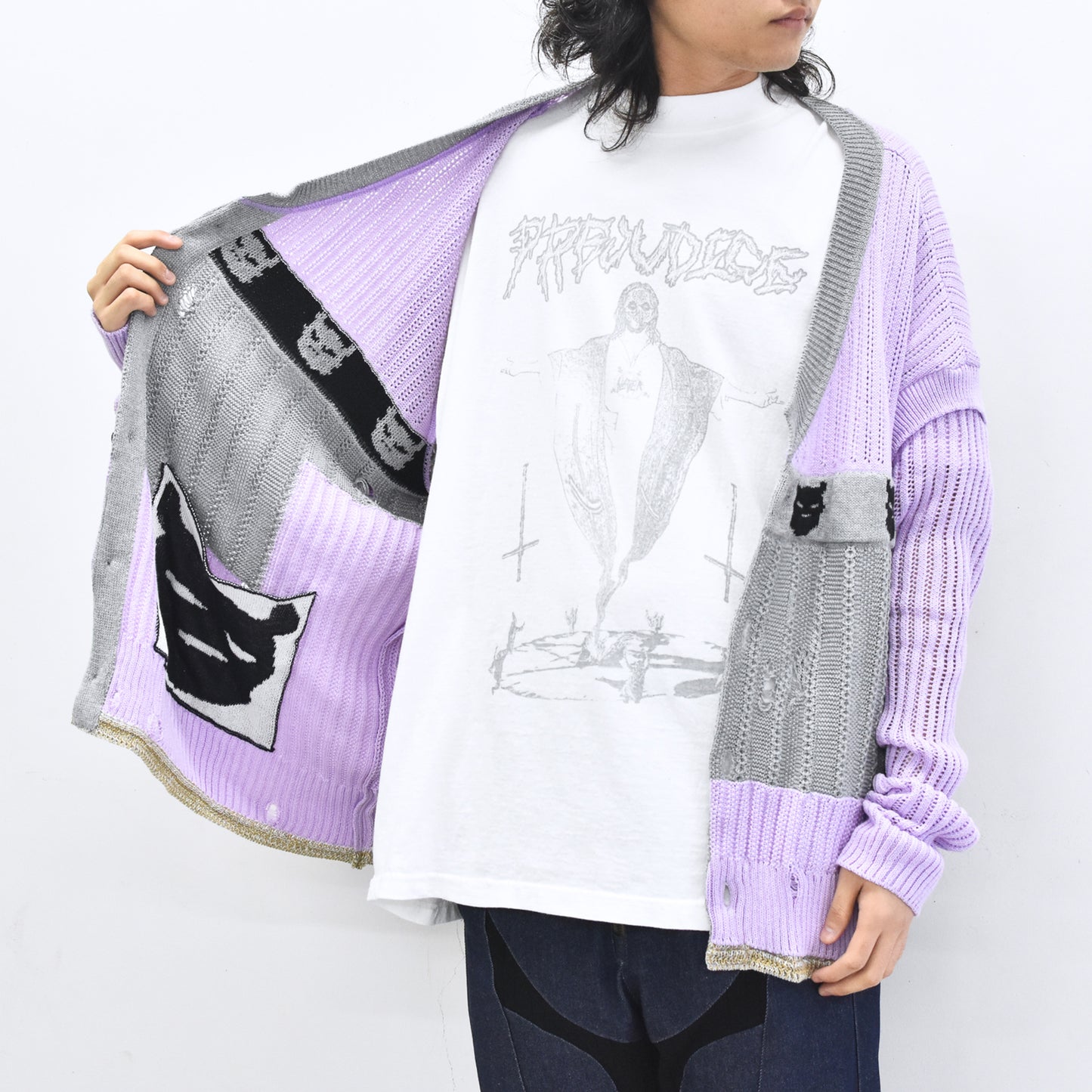 BODYSONG. / REVERSIBLE DISTRESSED SUMMER KNIT CARDIGAN - PURPLE