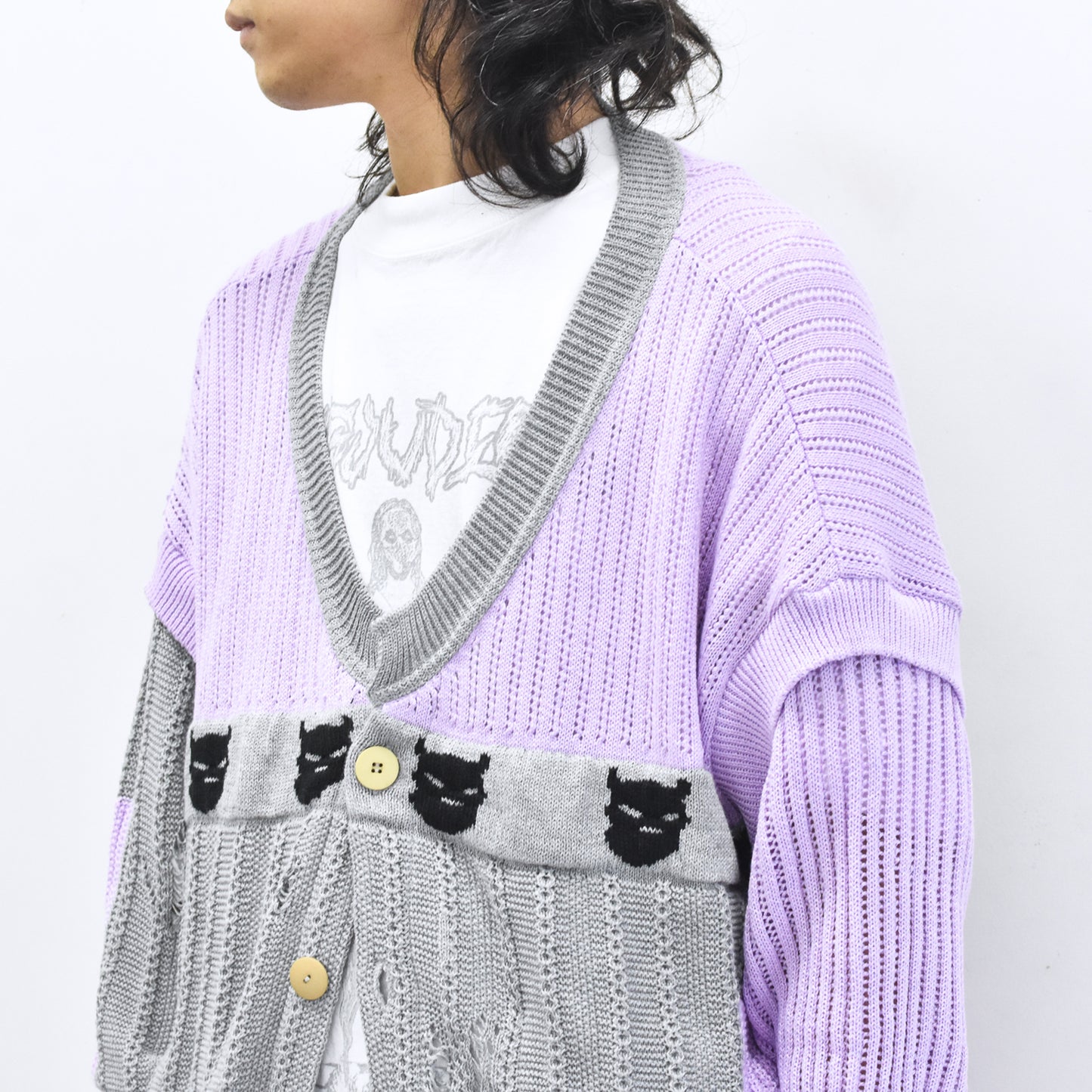 BODYSONG. / REVERSIBLE DISTRESSED SUMMER KNIT CARDIGAN - PURPLE