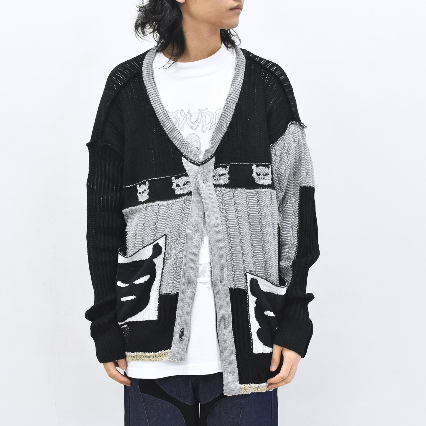 BODYSONG. / REVERSIBLE DISTRESSED SUMMER KNIT CARDIGAN - BLACK