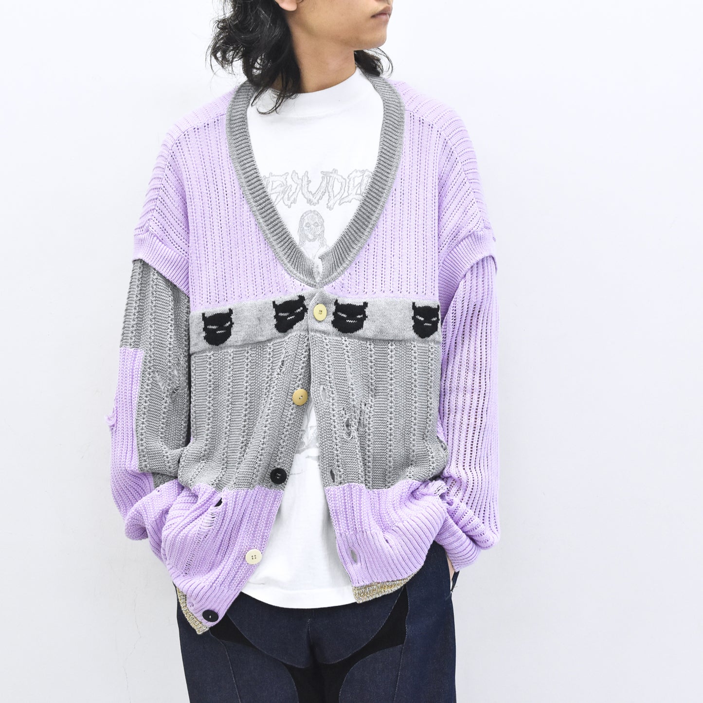 BODYSONG. / REVERSIBLE DISTRESSED SUMMER KNIT CARDIGAN - PURPLE