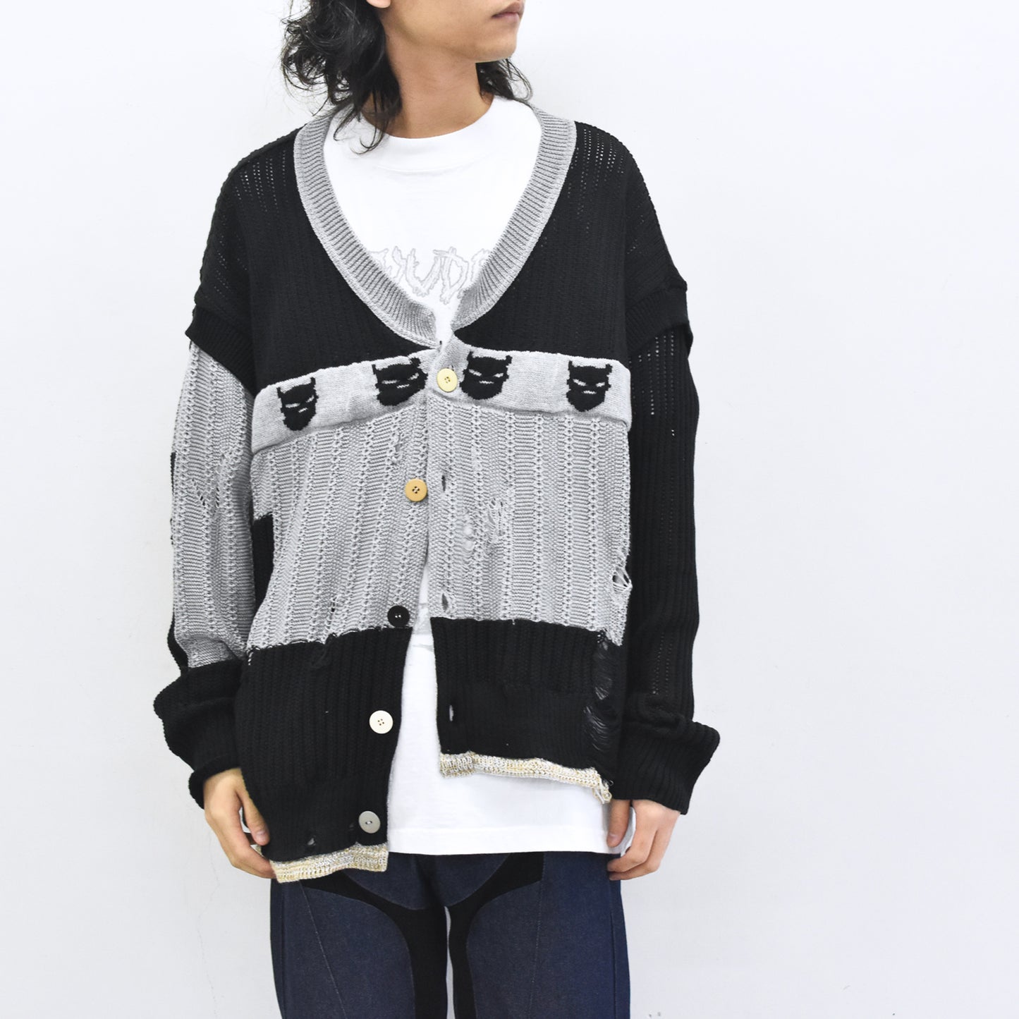 BODYSONG. / REVERSIBLE DISTRESSED SUMMER KNIT CARDIGAN - BLACK