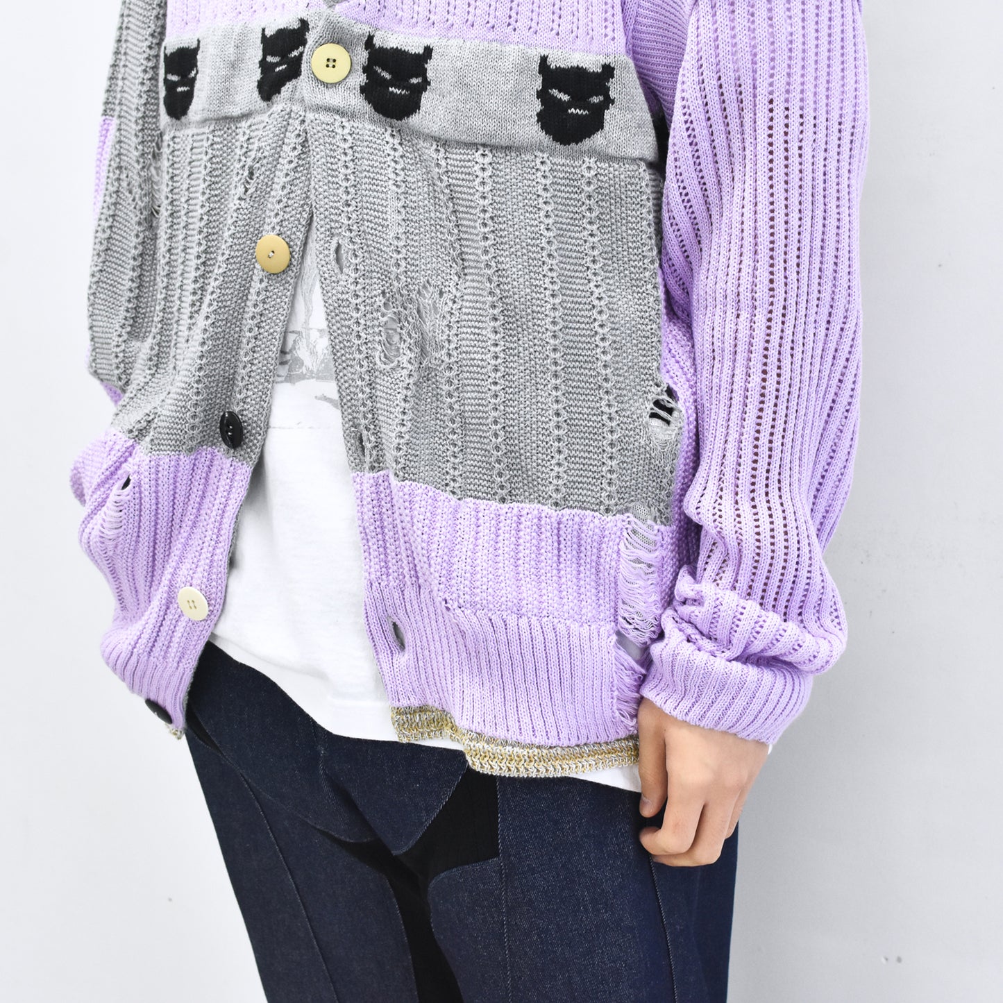BODYSONG. / REVERSIBLE DISTRESSED SUMMER KNIT CARDIGAN - PURPLE
