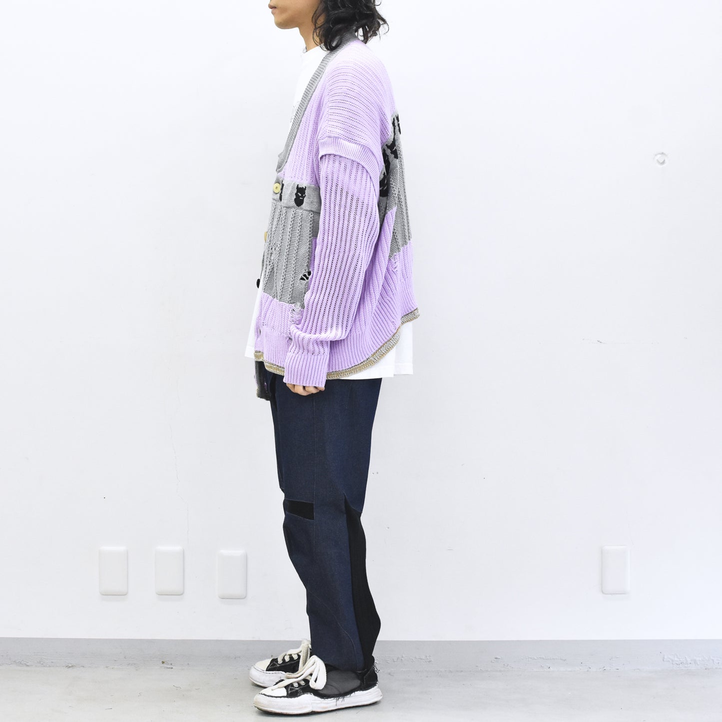 BODYSONG. / REVERSIBLE DISTRESSED SUMMER KNIT CARDIGAN - PURPLE