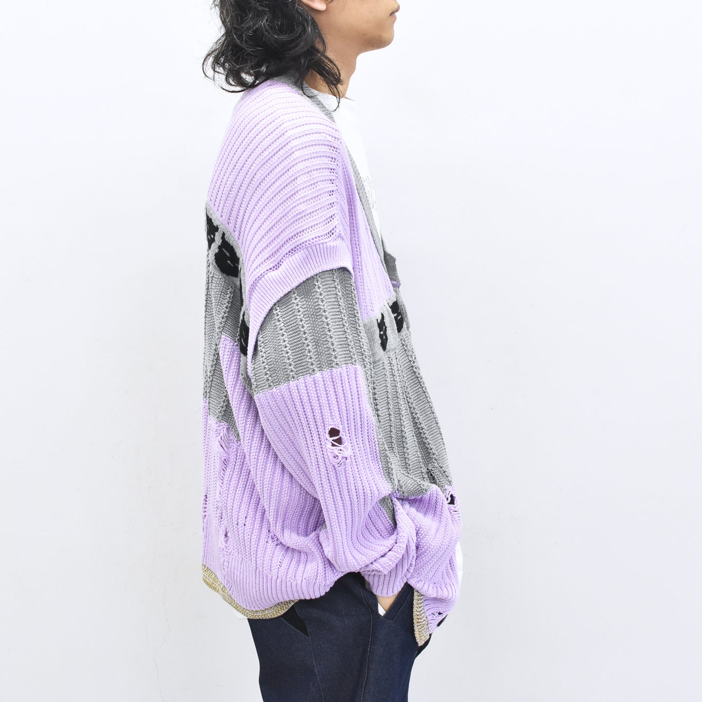 BODYSONG. / REVERSIBLE DISTRESSED SUMMER KNIT CARDIGAN - PURPLE