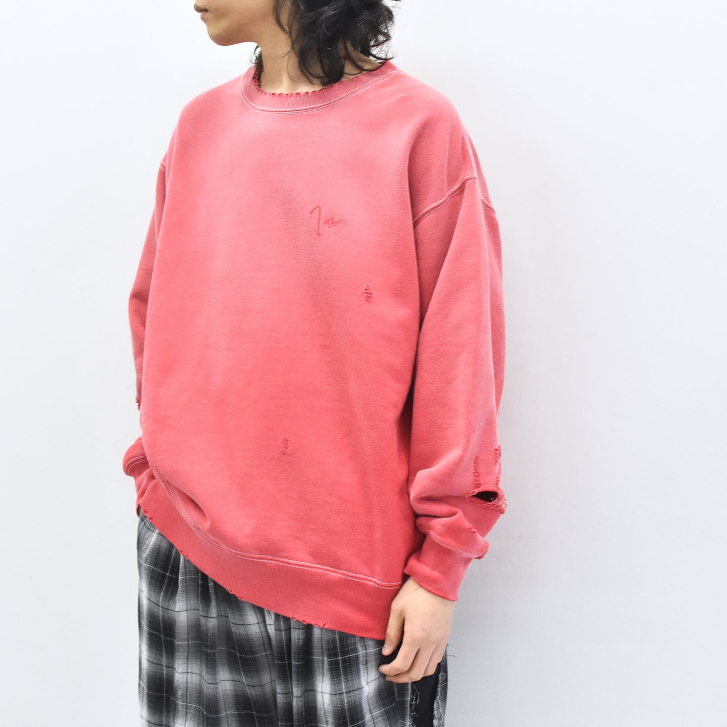 THE JEAN PIERRE / Pigment Grunge Destroy Sweat Shirt - FADE RED
