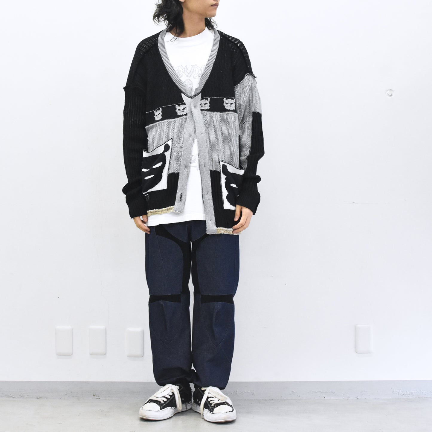 BODYSONG. / REVERSIBLE DISTRESSED SUMMER KNIT CARDIGAN - BLACK