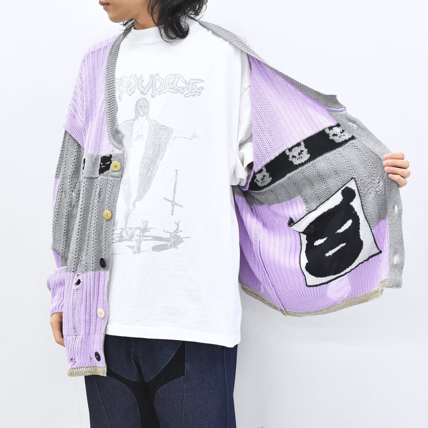 BODYSONG. / REVERSIBLE DISTRESSED SUMMER KNIT CARDIGAN - PURPLE