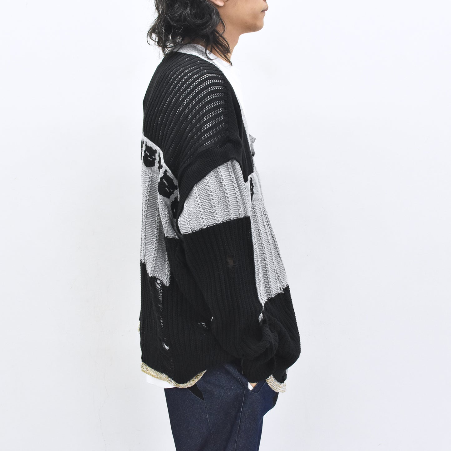 BODYSONG. / REVERSIBLE DISTRESSED SUMMER KNIT CARDIGAN - BLACK