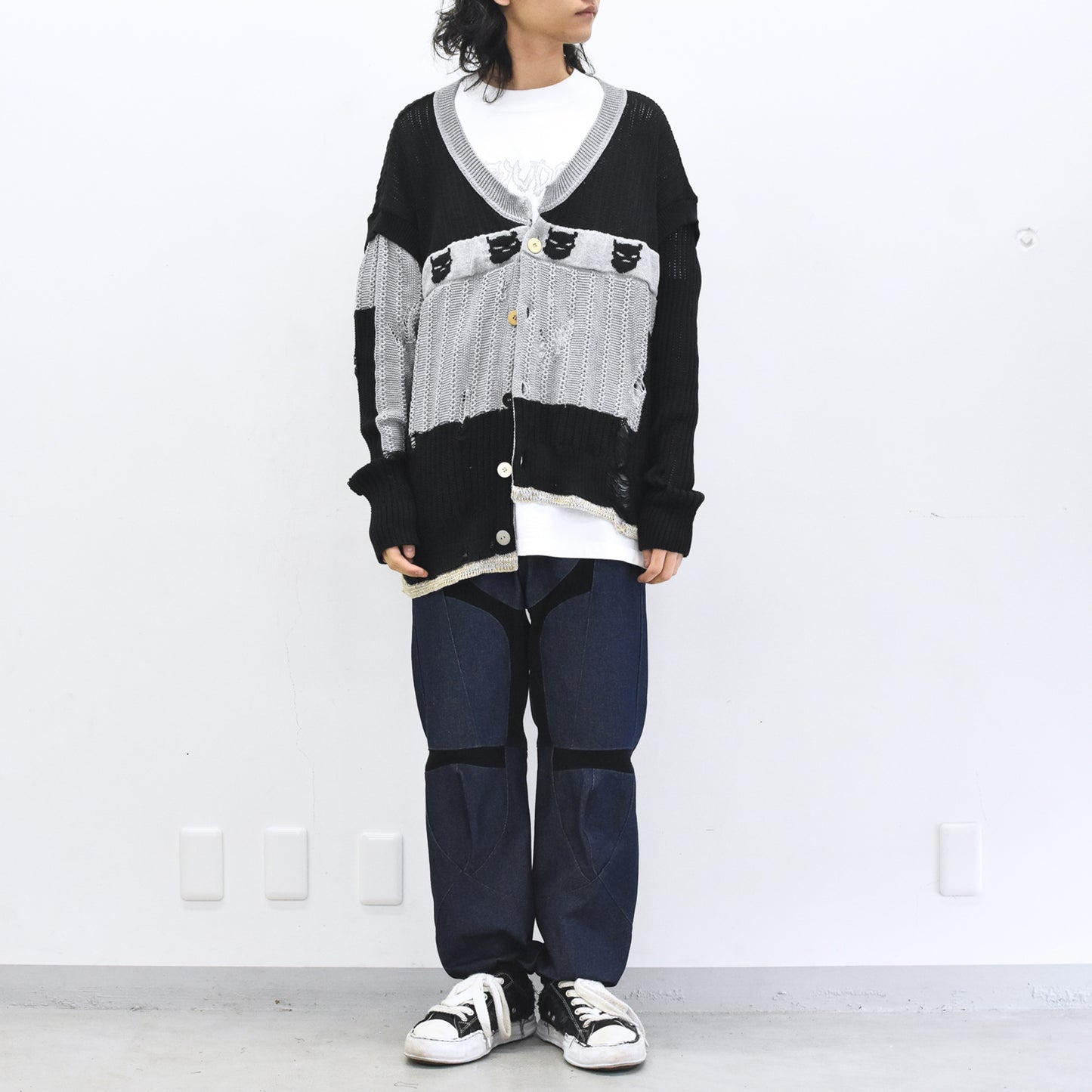 BODYSONG. / REVERSIBLE DISTRESSED SUMMER KNIT CARDIGAN - BLACK