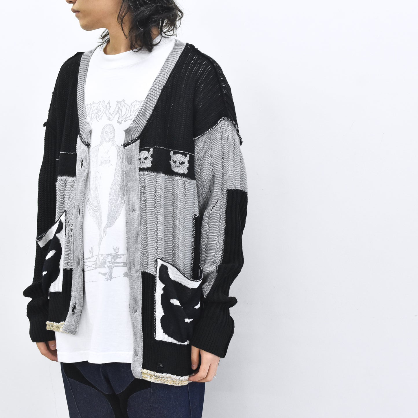 BODYSONG. / REVERSIBLE DISTRESSED SUMMER KNIT CARDIGAN - BLACK