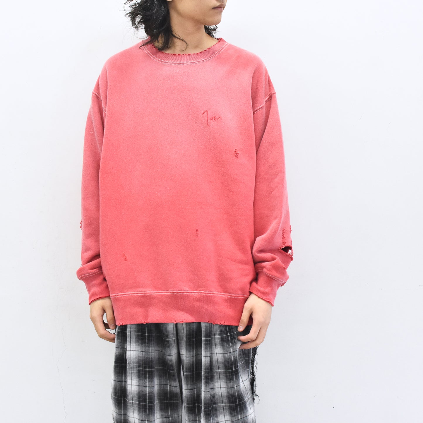 THE JEAN PIERRE / Pigment Grunge Destroy Sweat Shirt - FADE RED