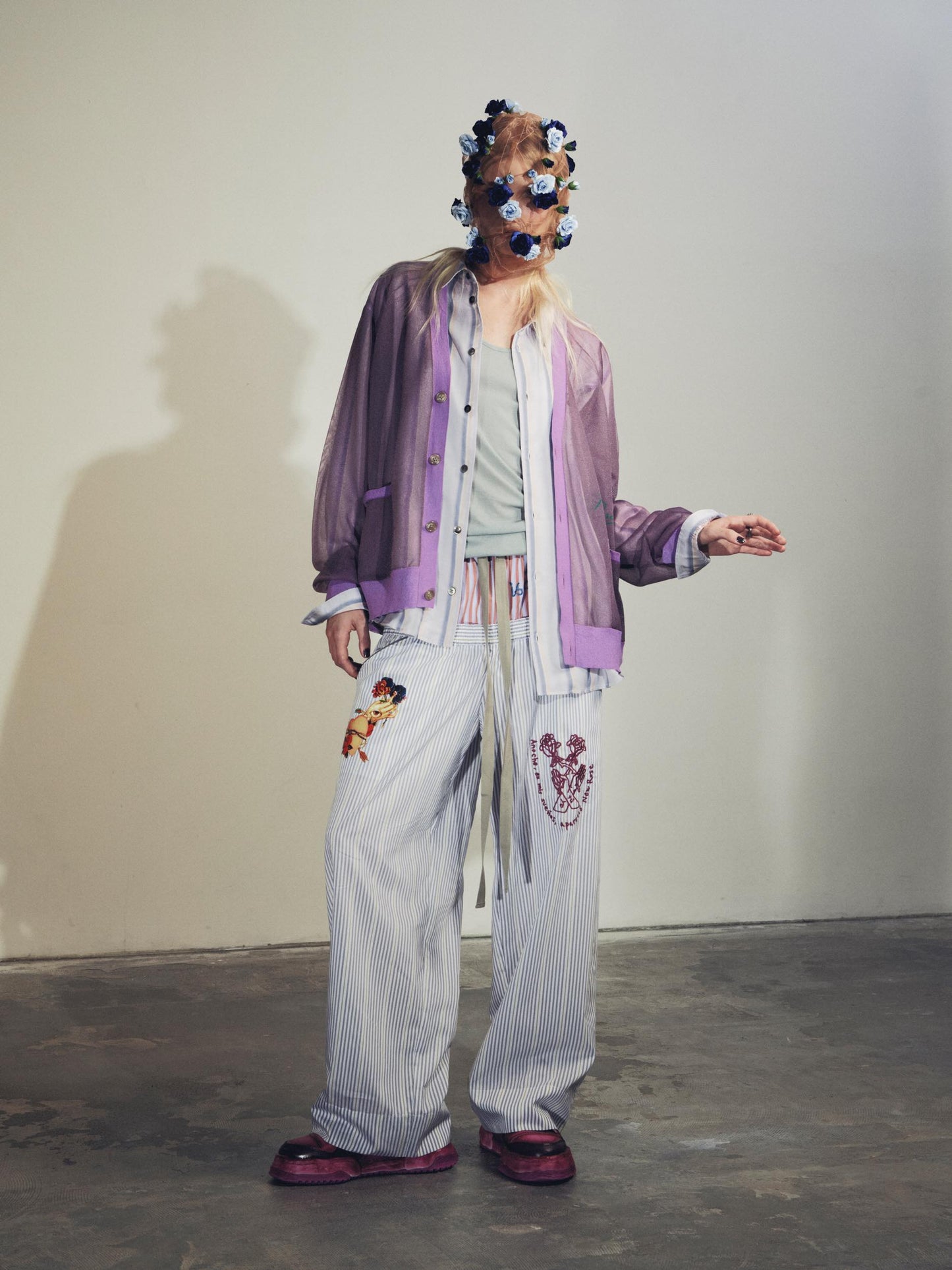 NewRose / Pajama Pants Embroidery Print - GRAY STRIPE