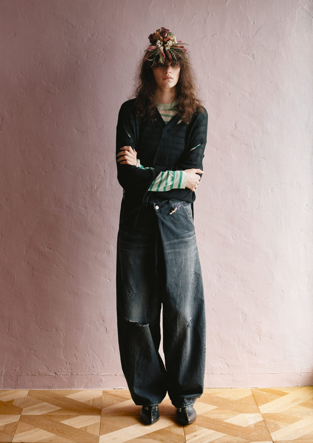先行予約 NewRose / FOLD THE WAIST PANTS (Distressed finish）