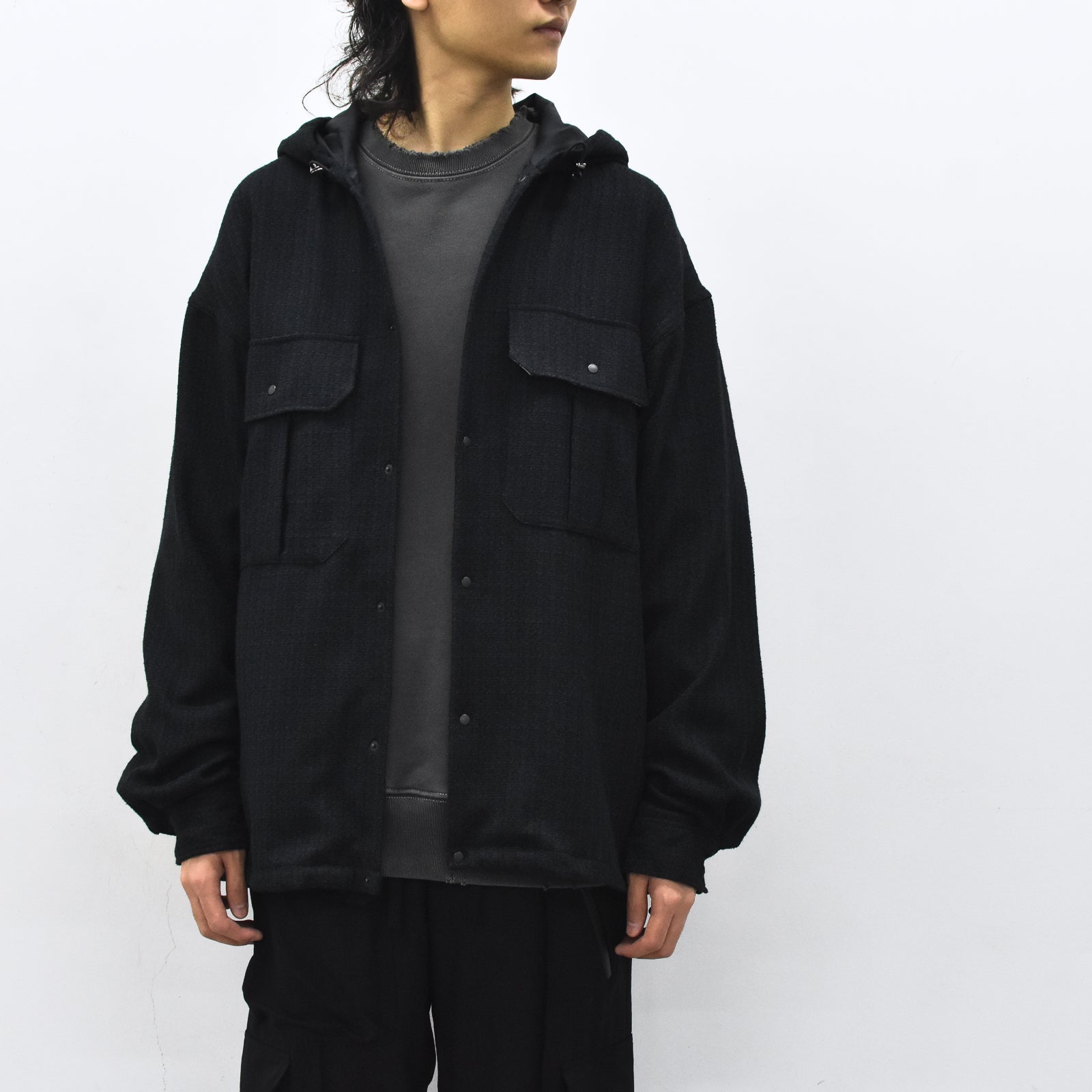 THE JEAN PIERRE / Tweed Hoodie Dove Shirt - BLACK