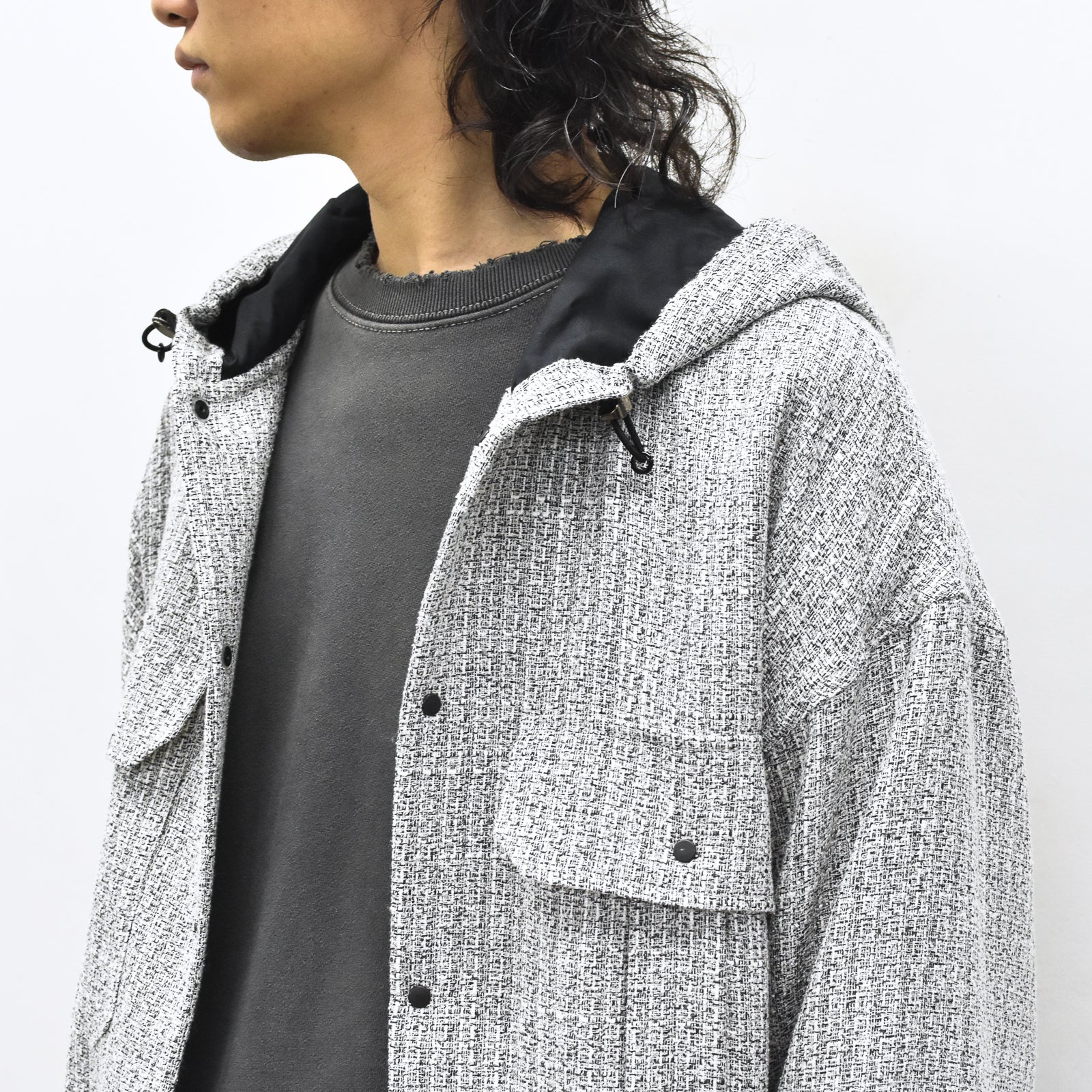 THE JEAN PIERRE / Tweed Hoodie Dove Shirt - WHITE