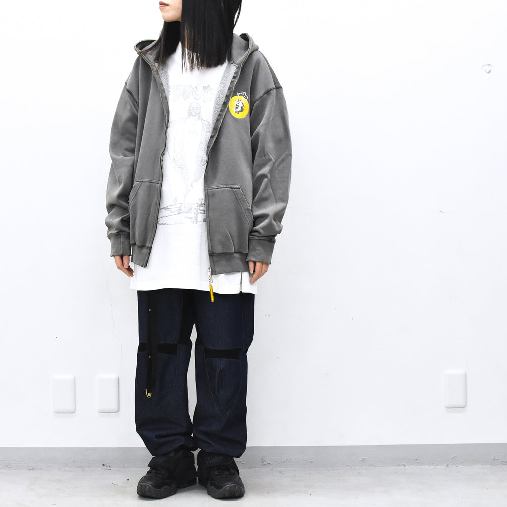 BODYSONG. / GLITCH EMBROIDERY DISTRESSED HOODIE/BTC - BLACK