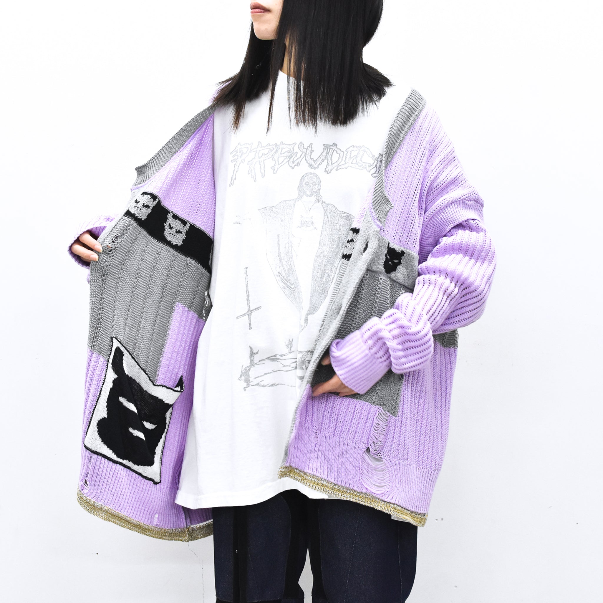 BODYSONG. / REVERSIBLE DISTRESSED SUMMER KNIT CARDIGAN - PURPLE