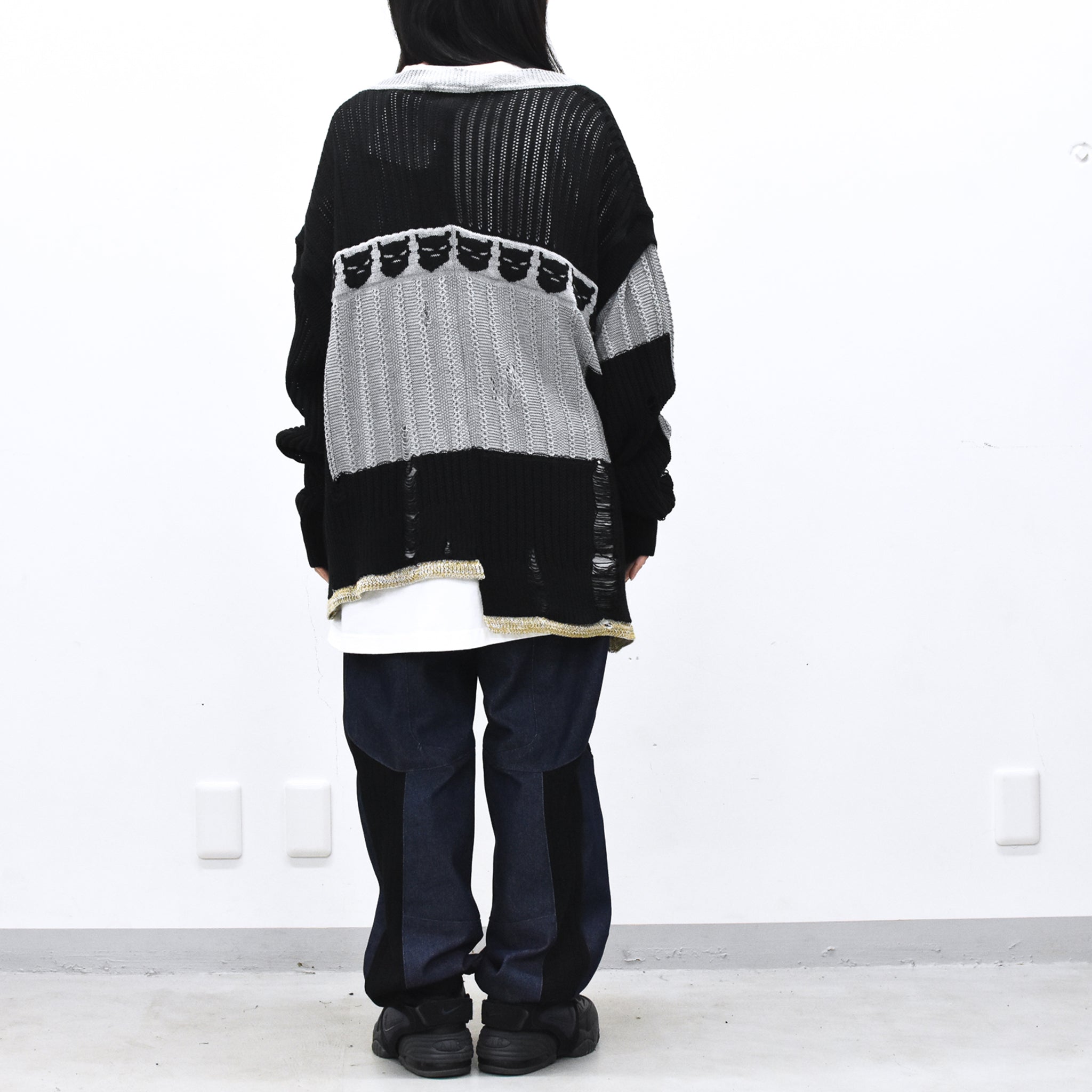 BODYSONG. / REVERSIBLE DISTRESSED SUMMER KNIT CARDIGAN - BLACK