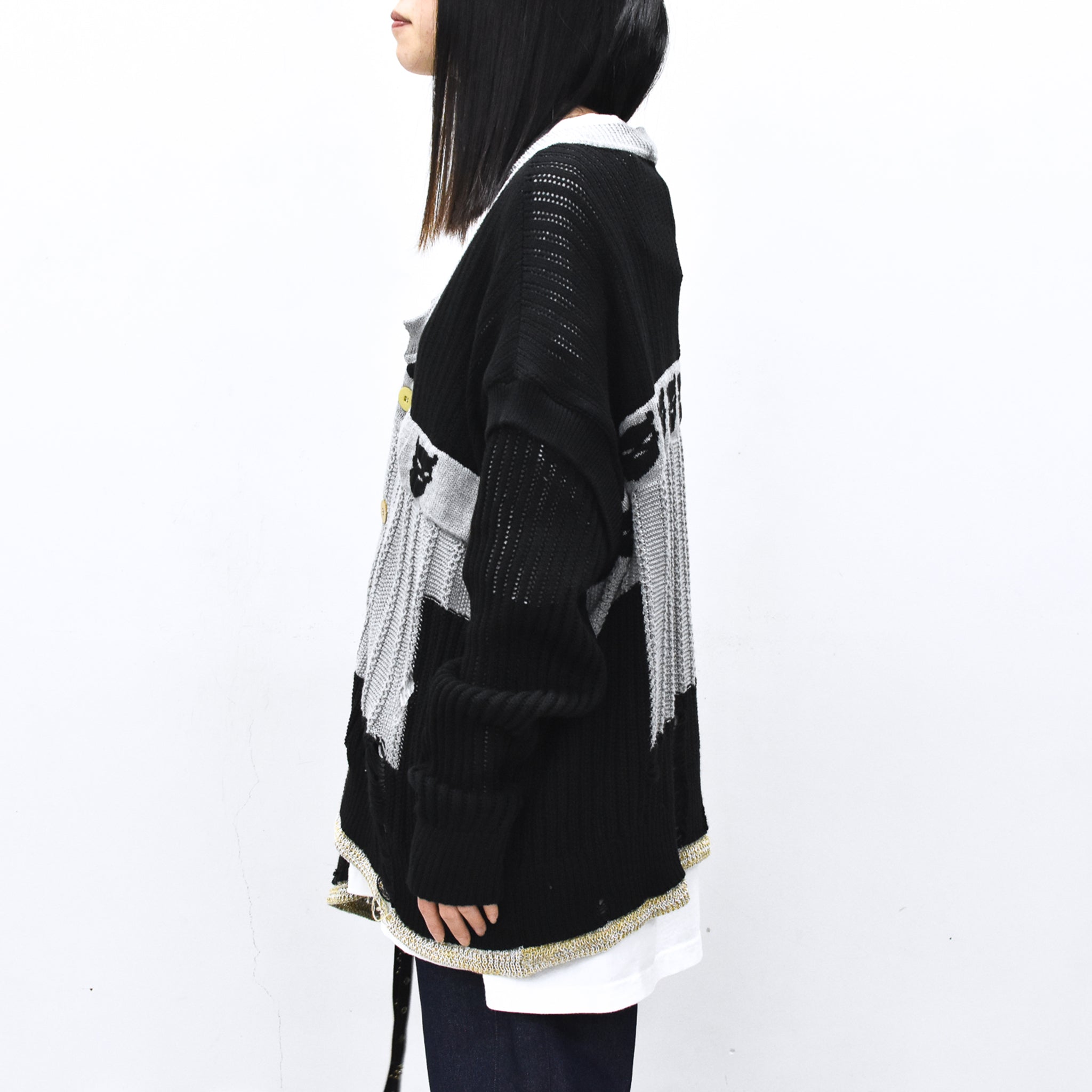 BODYSONG. / REVERSIBLE DISTRESSED SUMMER KNIT CARDIGAN - BLACK